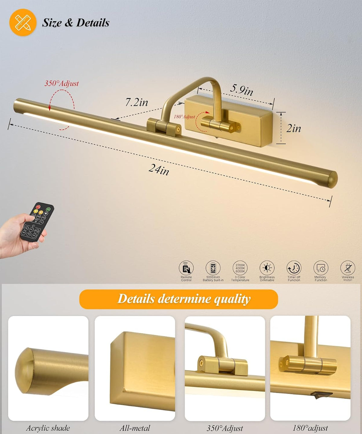 Picture Lights for Wall Battery Operated, Rechargeable Light for Pictures with Remote & Timer, Gold Art Light for