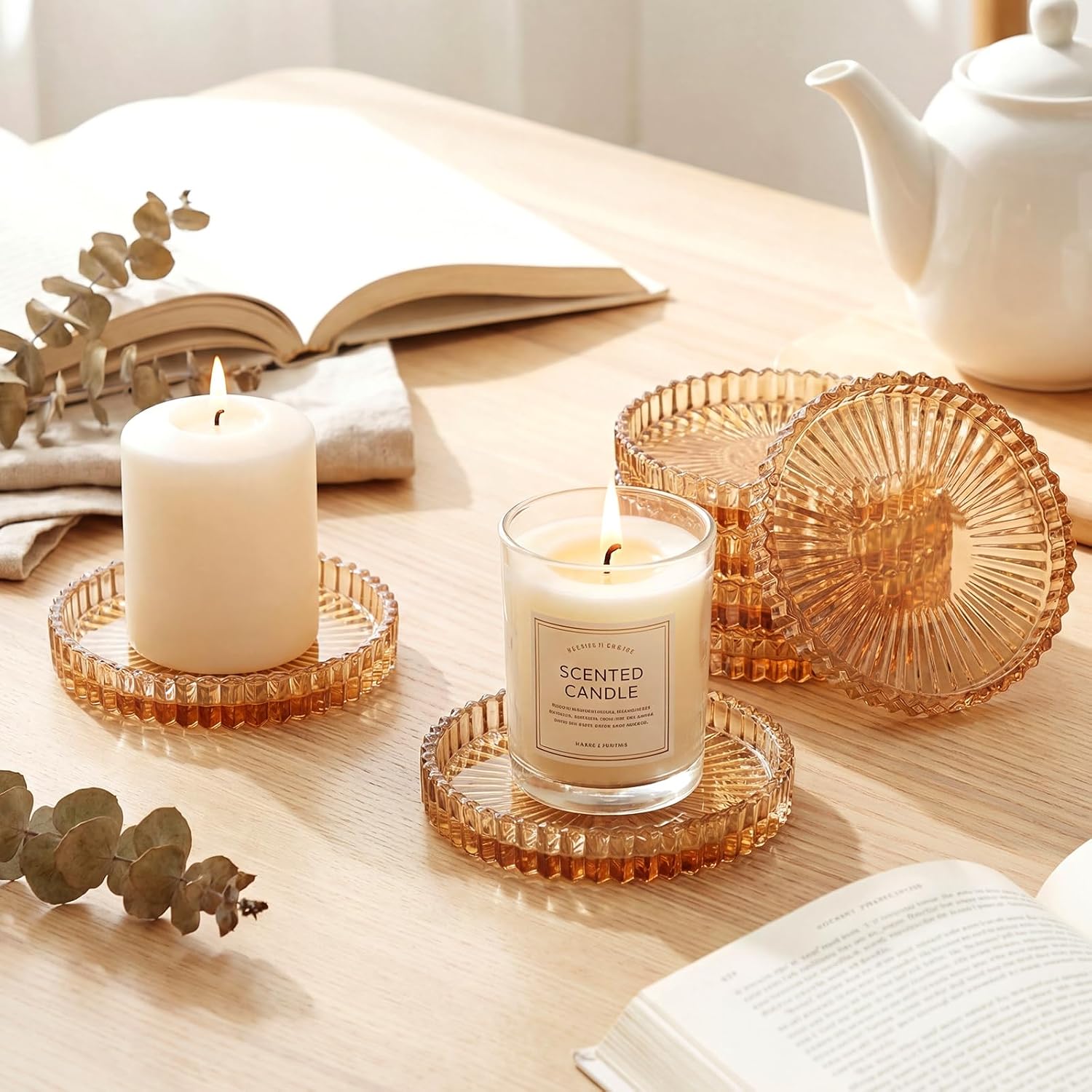 Holder Drink Coasters Crystal Round Beverage Cup Mats Candle Holder Tray / Amber / Clear / Set of 8