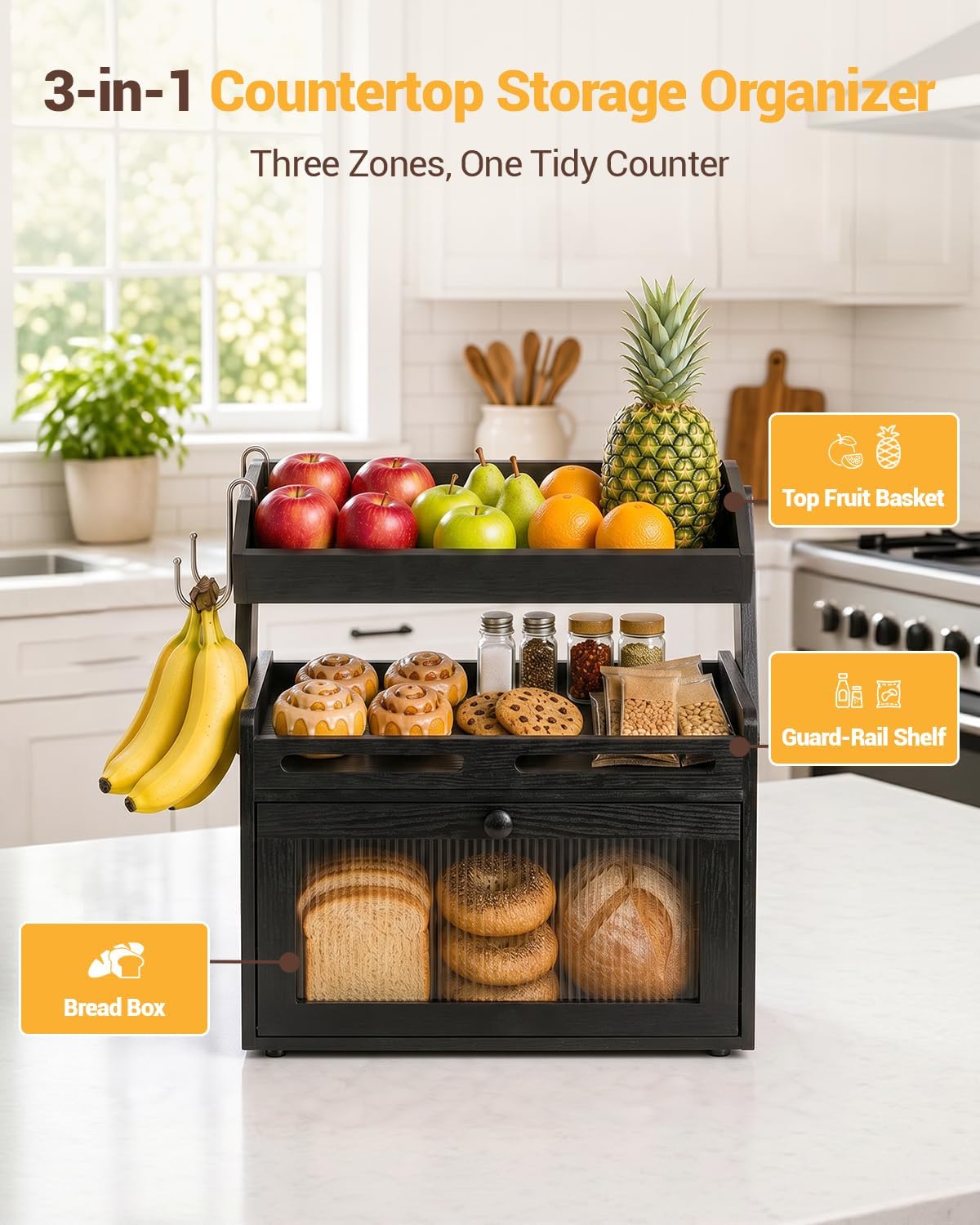 Bread Box for Kitchen Countertop, Bamboo Bread Storage with Fruit Basket | Black Large Bread Container, Raised-Rail