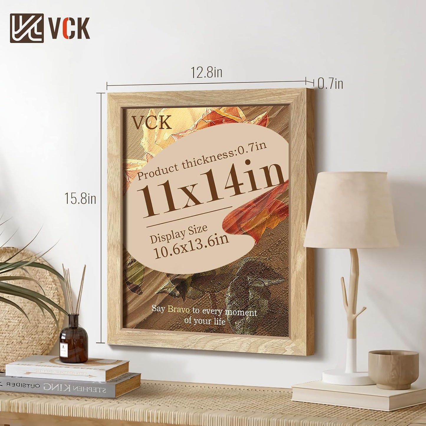 VCK 11x14 Picture Frame Set of 3, Natural Solid Wood, Wall Hanging | Wide Border, Light Woodgrain, Shatterproof
