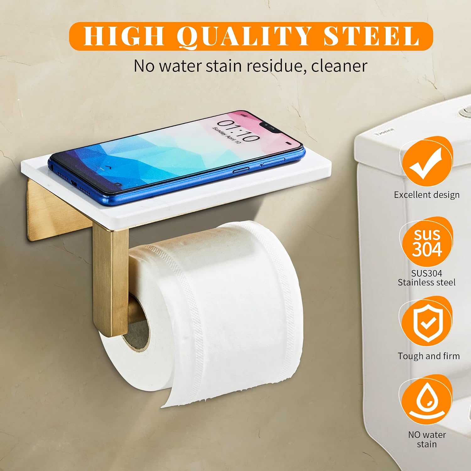 Brushed Gold Toilet Paper Holder with Marble-Look Shelf, Wall Mounted SUS304 Stainless Steel Toilet Roll Holder with