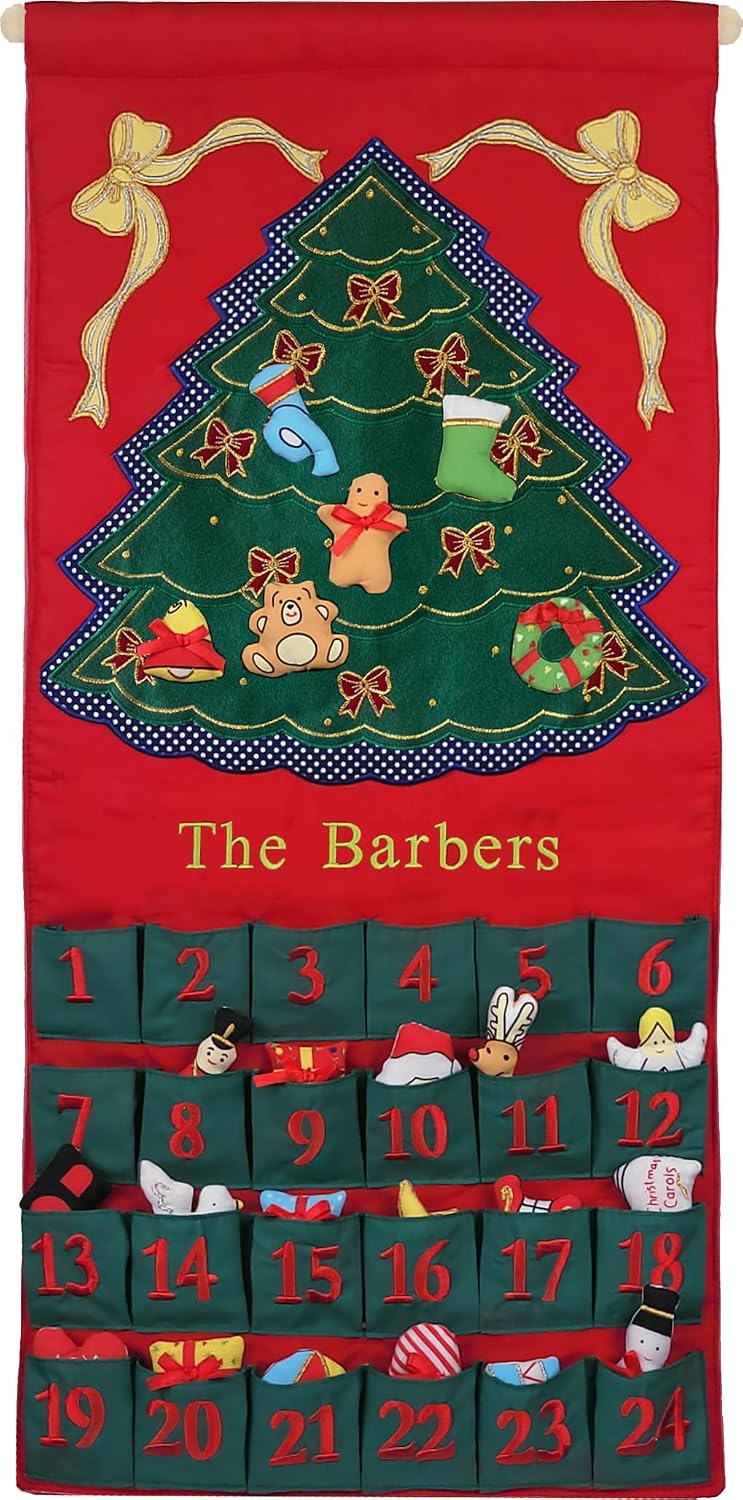 Personalized Christmas Green Tree Advent Calendar by Pockets of Learning | Family Festive Holiday Décor, Seasonal Fabric Wall Hanging | Cloth Christmas Countdown w/ 24 Stuffed Cloth Ornaments