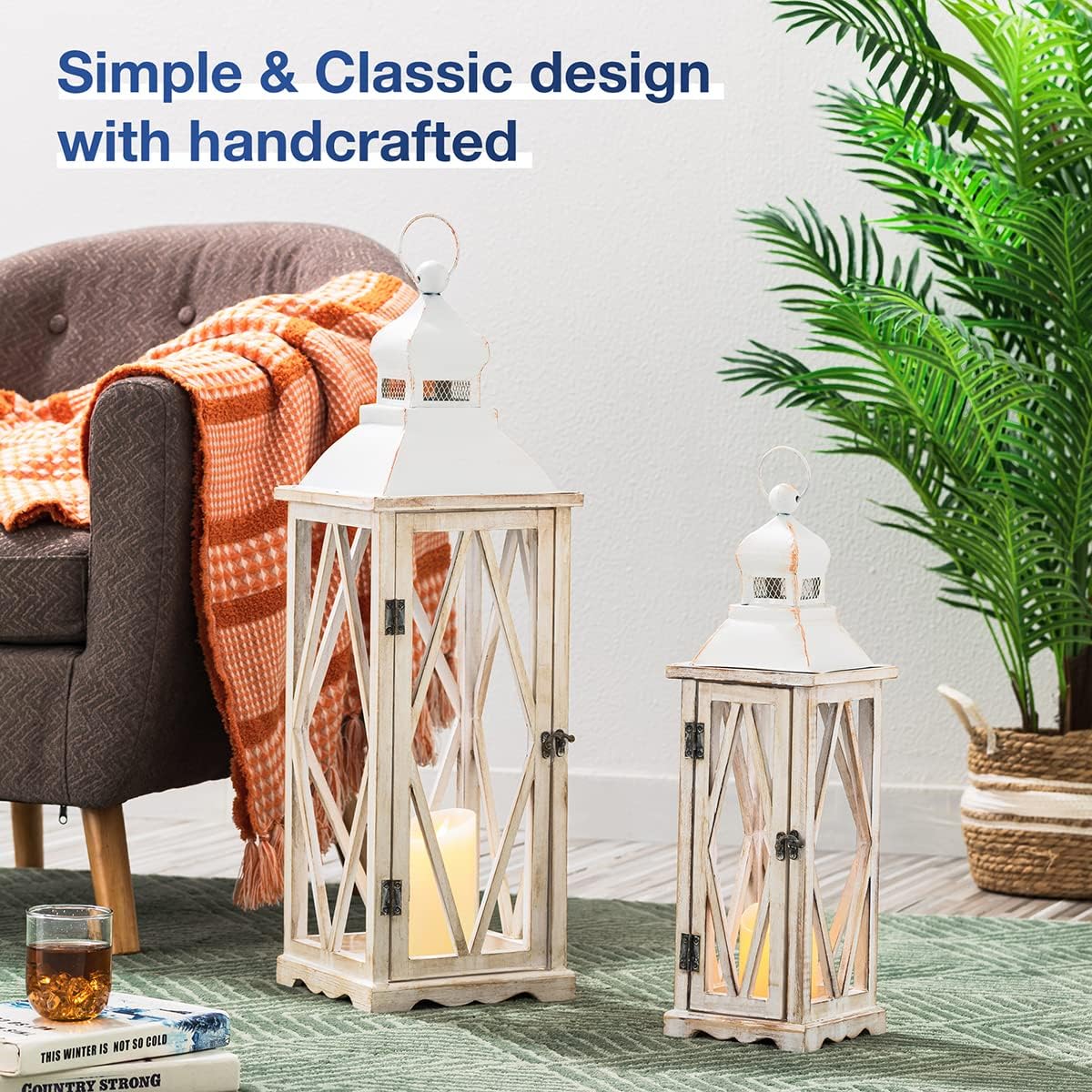 Glitzhome Farmhouse White Wood Metal Lanterns Decorative Hanging Candle Lanterns Set of 2