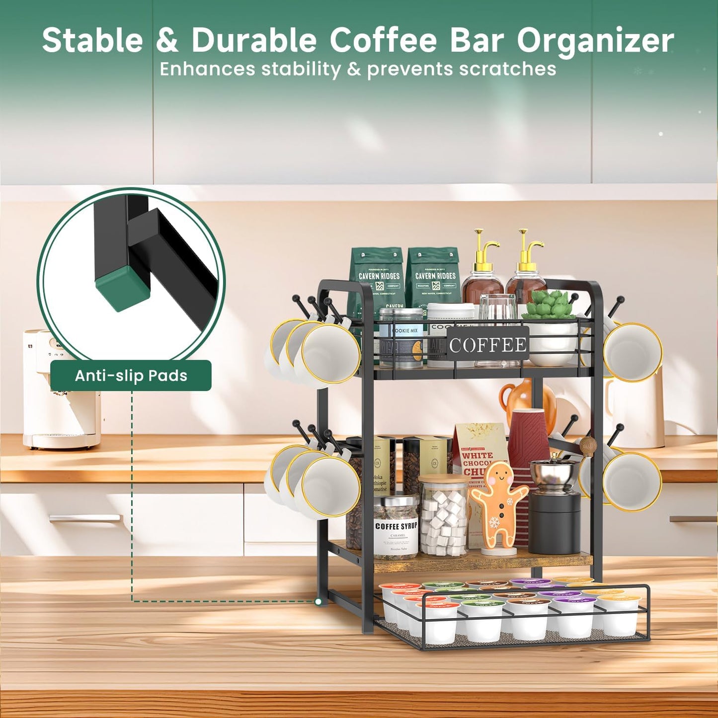 EsLuker.ly Coffee Bar Organizer Station Shelf Mug Holder, with 12 Hooks | 3 Tier Coffee Cup Stand Rack for Countertop