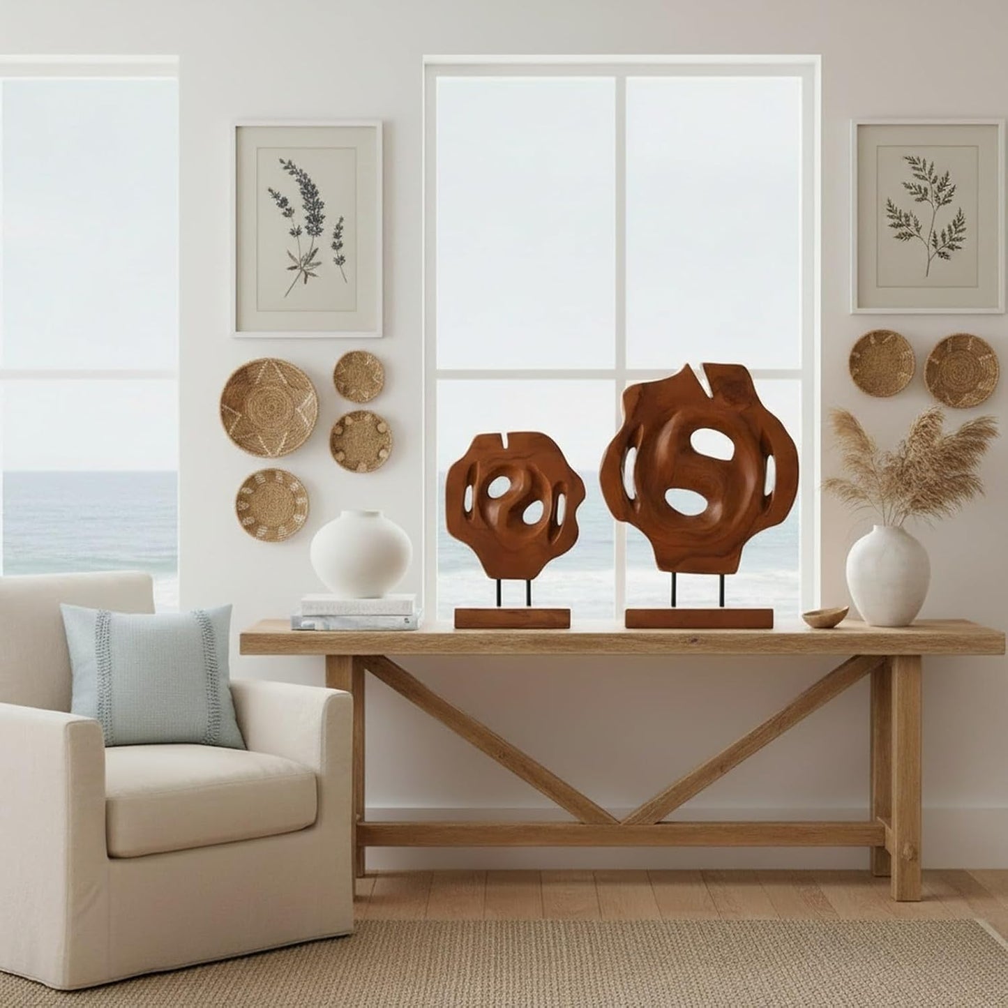 Geometric Teak Wood Sculptures on Metal Stand / Natural / Set of 2
