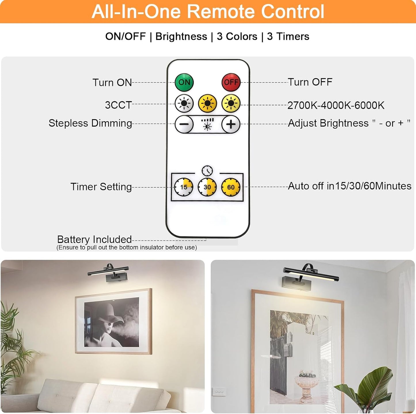 Tassuowell Battery Powered Picture Light with Remote and Timer,Full Metal Art Light with Swing Arm,12 Inch