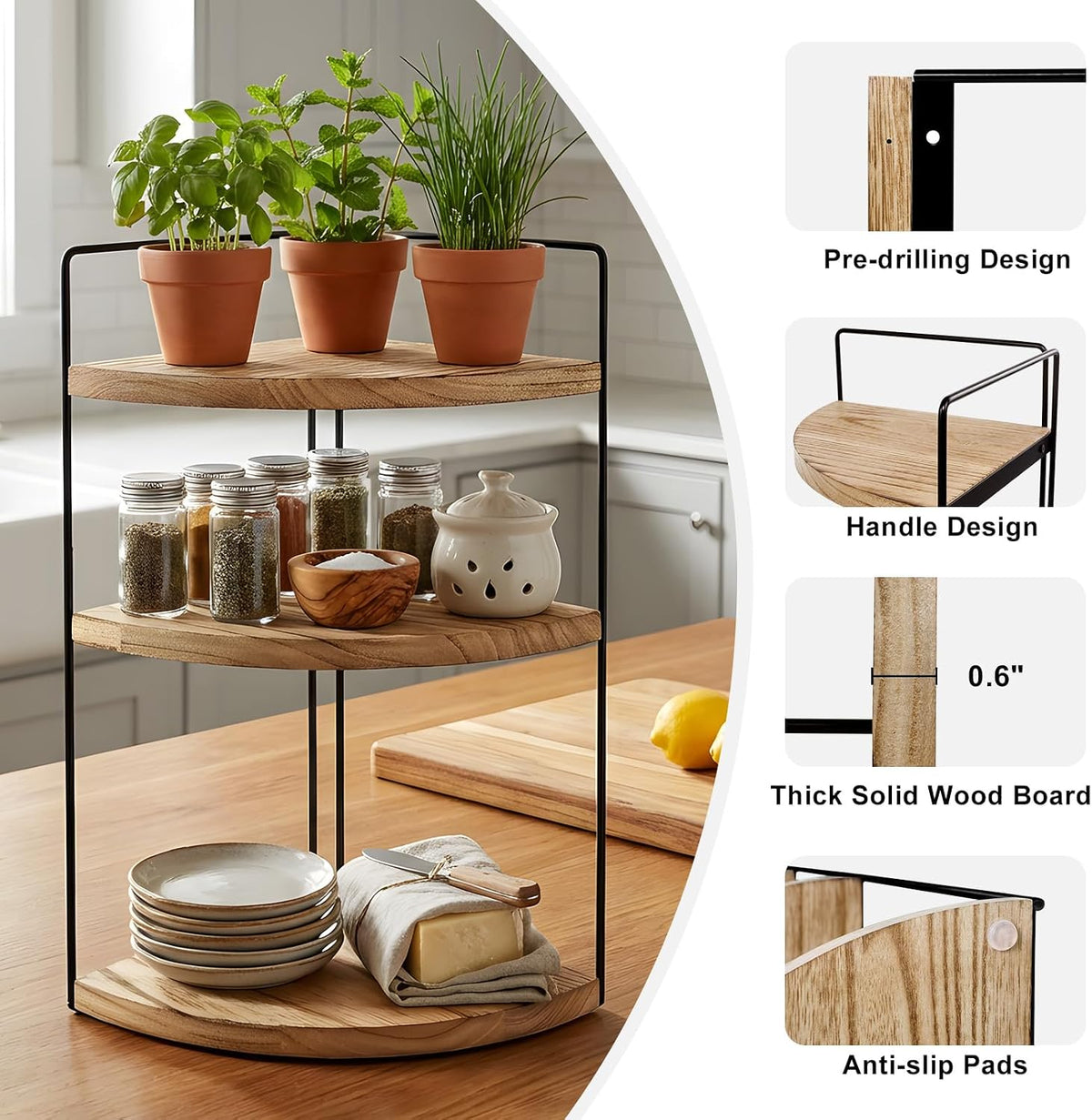 Corner Bathroom Counter Organizer Countertop Brown, 2 Pack 3 Tier Corner Shelf Wood Vanity Tray Easy Assembly Space