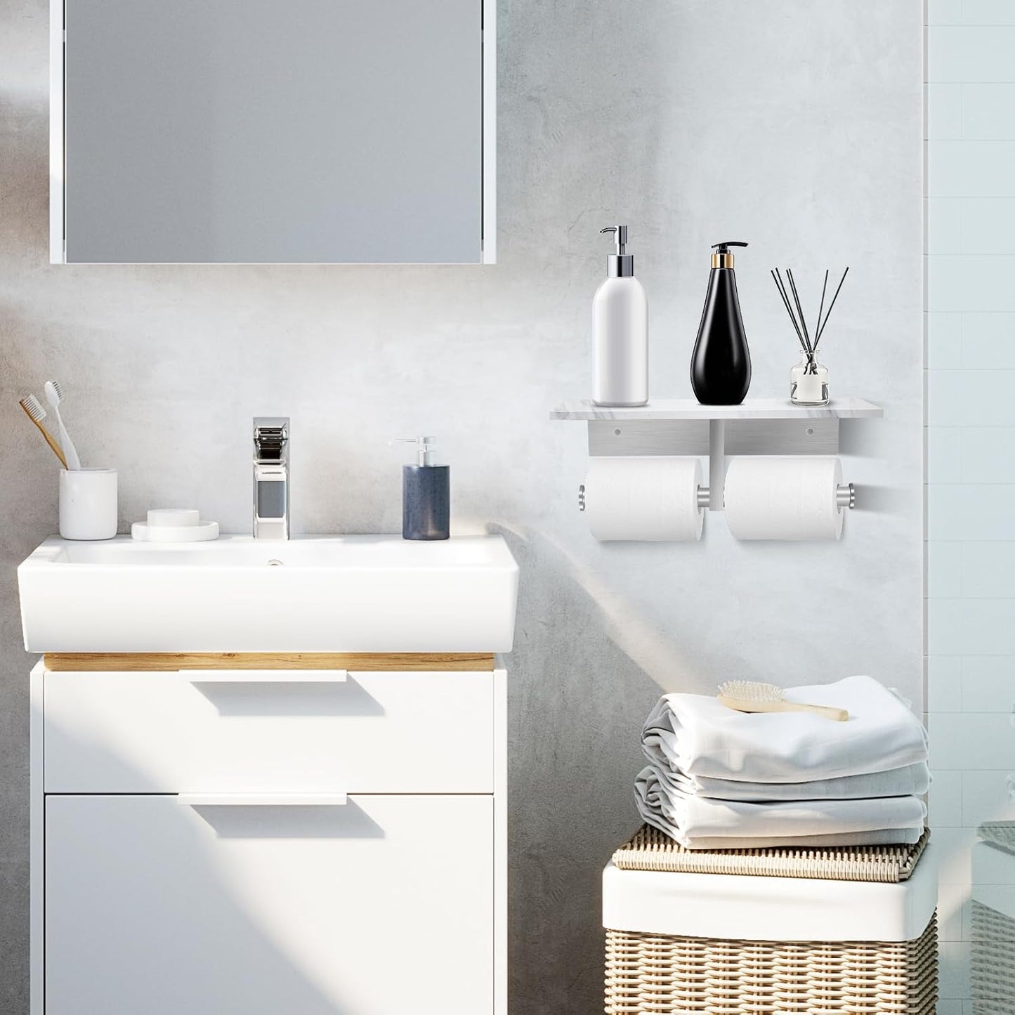Toilet Paper Holder with Shelf, Double Toilet Paper Holder Wall Mount and 2PCS Free Adhesive Hooks for Bathroom