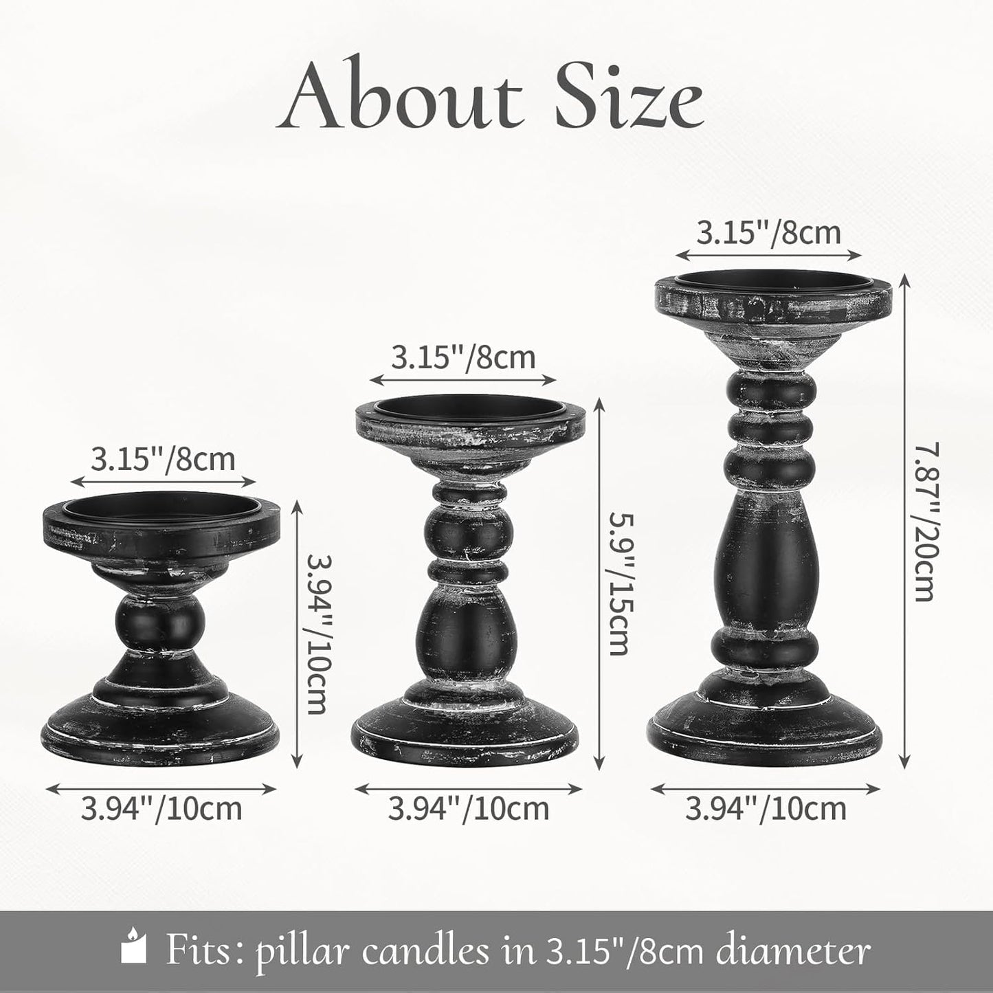 Wood Pillar Candle Holder: Rustic Distressed Black Candle Stand | Solid Pine Wooden Decor, for 3.15" Pillar, Farmhouse
