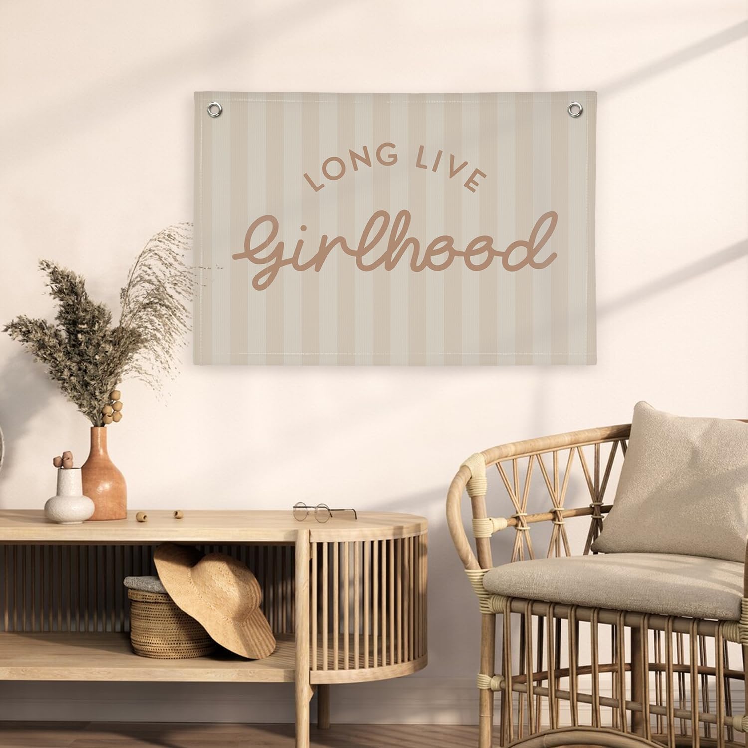 Girls Room Decor Long Live Girlhood Linen Banner Hanging Flag / Long Live Girlhood Khaki / Pink