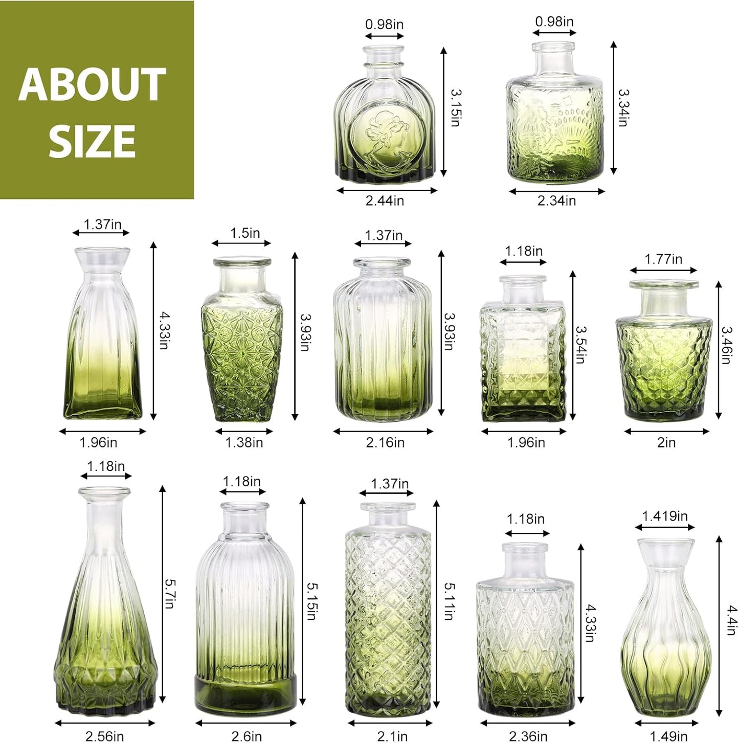 Glass Bud Vase Set / Green / Set of 12