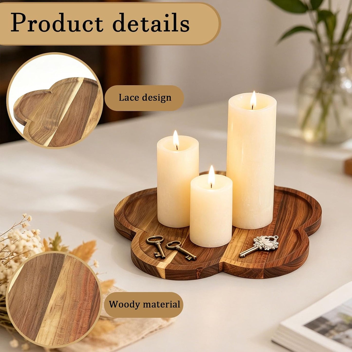 Wooden Candle Tray / 11.8" Acacia Wood Flower-Shaped Tray