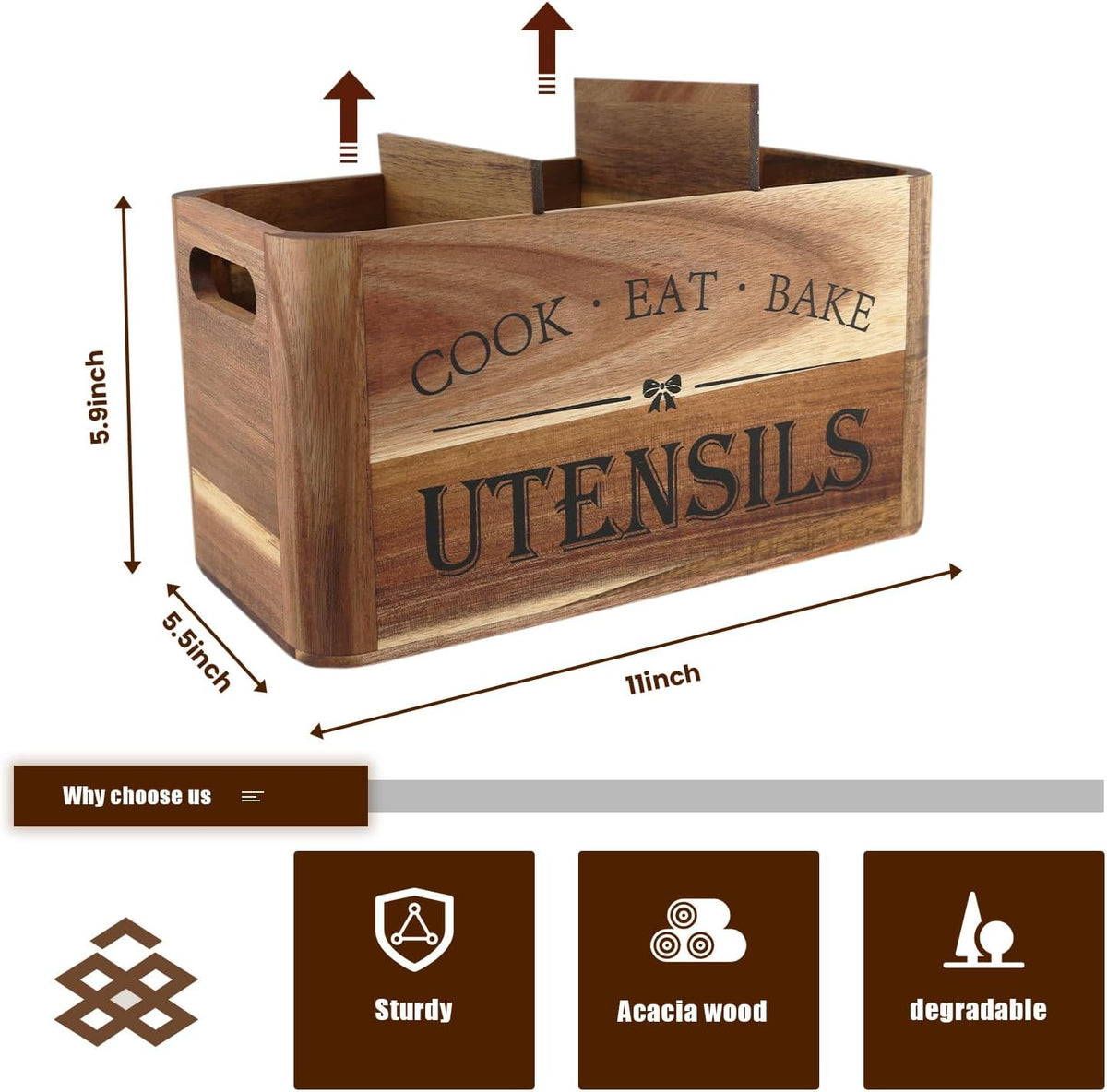 Utensil Holder for Kitchen Countertop - Extra Large 3 Compartment Wooden Organizer in Acacia Wood, Storage for Cooking