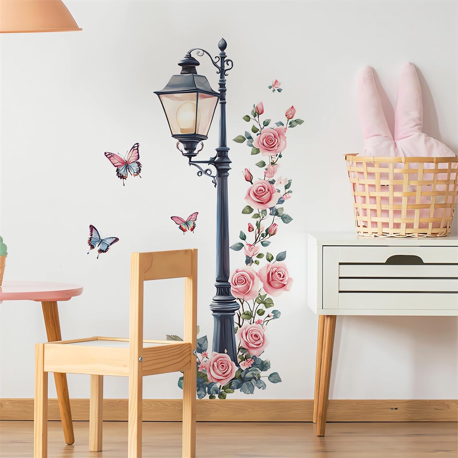 Vintage Street Lamp Rose Butterfly Wall Stickers / Pink