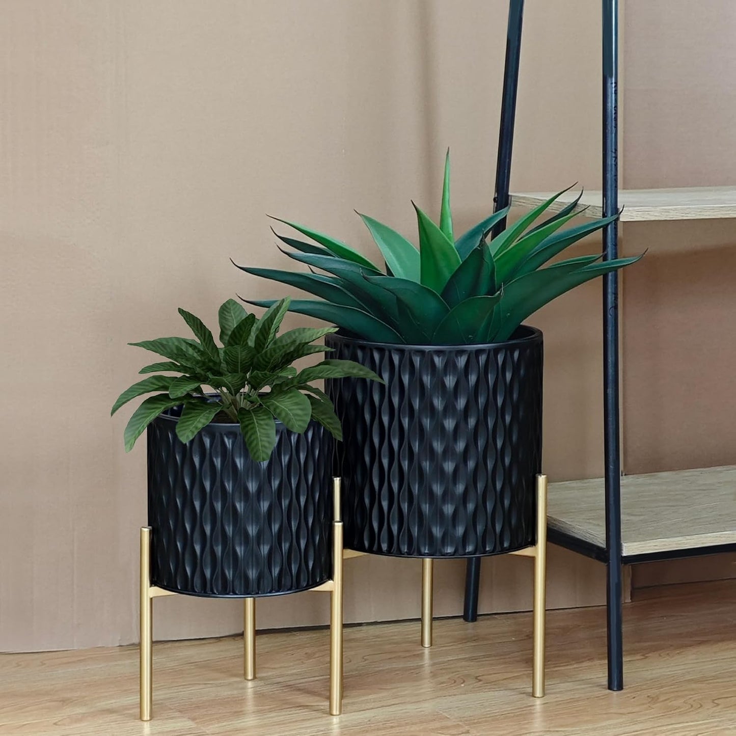 ARNIS Plants Pots with Stand, Set of 2 Planters, Unique Mid Century Decorative Metal Flower Pots with Drainage, 8.25 &