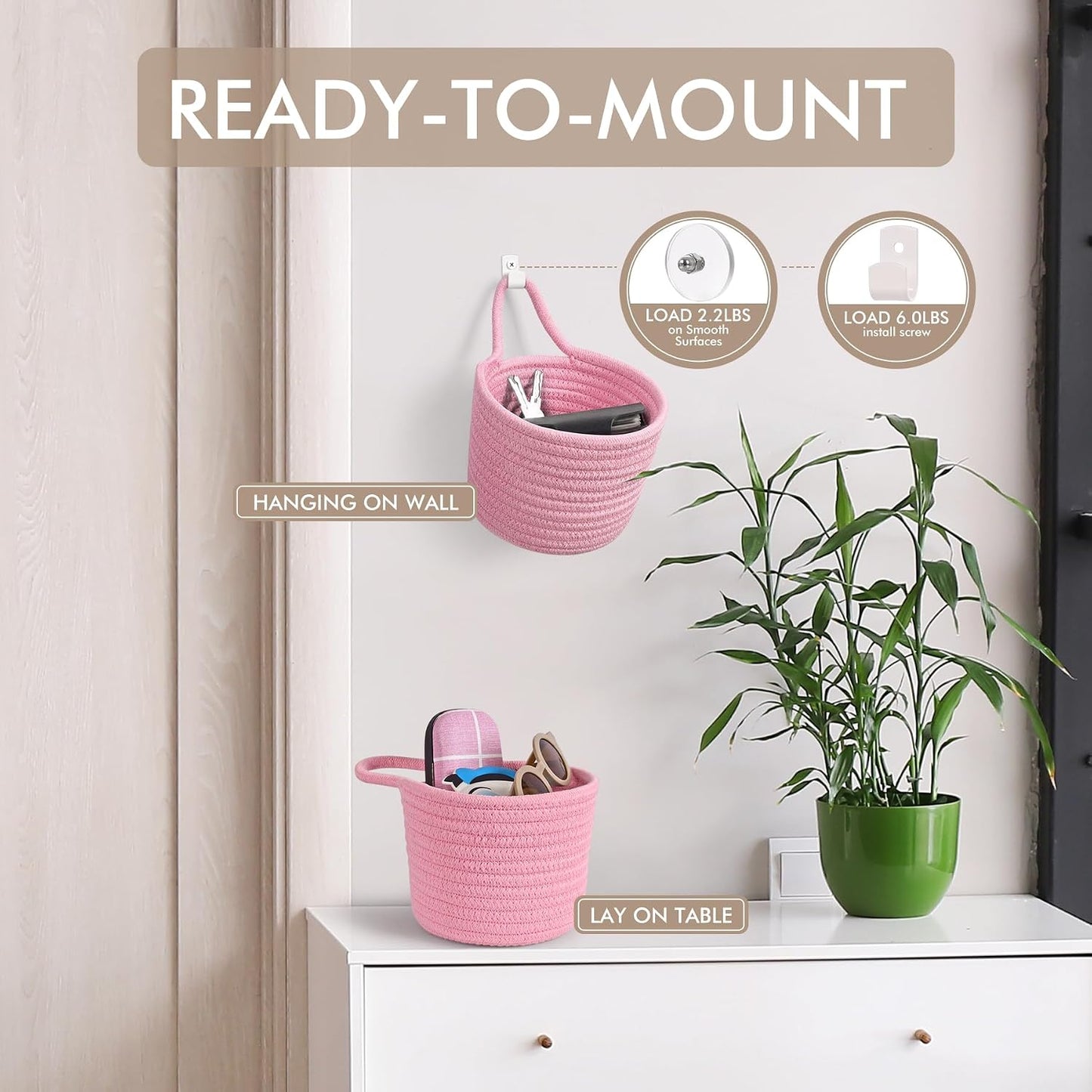 Adhesive Hooks / Storage Organizers / Bright Pink & White / Set of 3