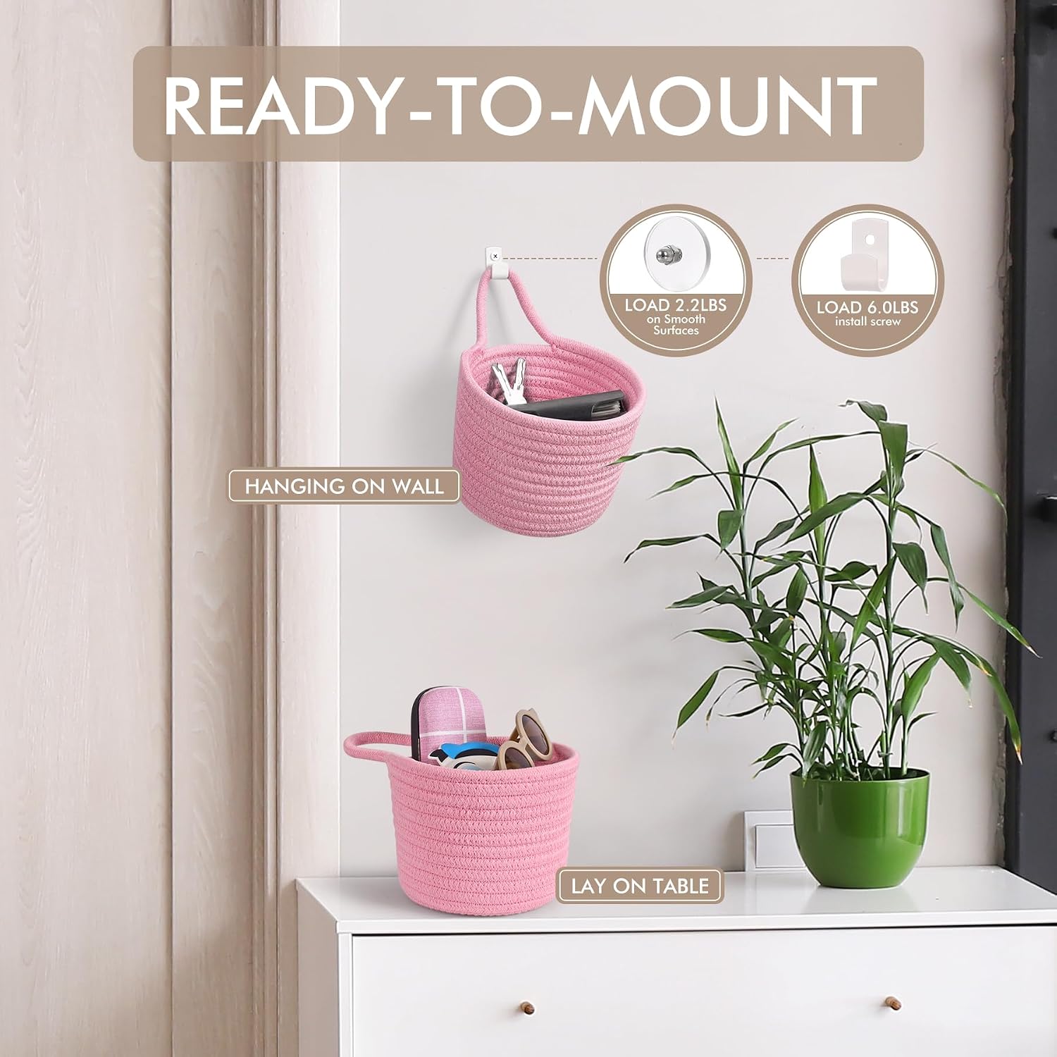 Adhesive Hooks / Storage Organizers / Bright Pink & White / Set of 3