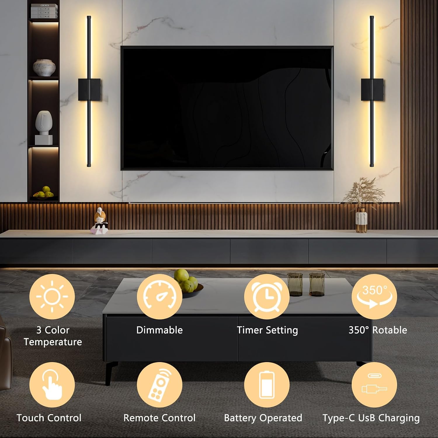 Battery Operated Wall Sconce Set of 2, Wall Sconces 3000K-6000K Dimmable Rechargeable Wall Sconce with Remote Control