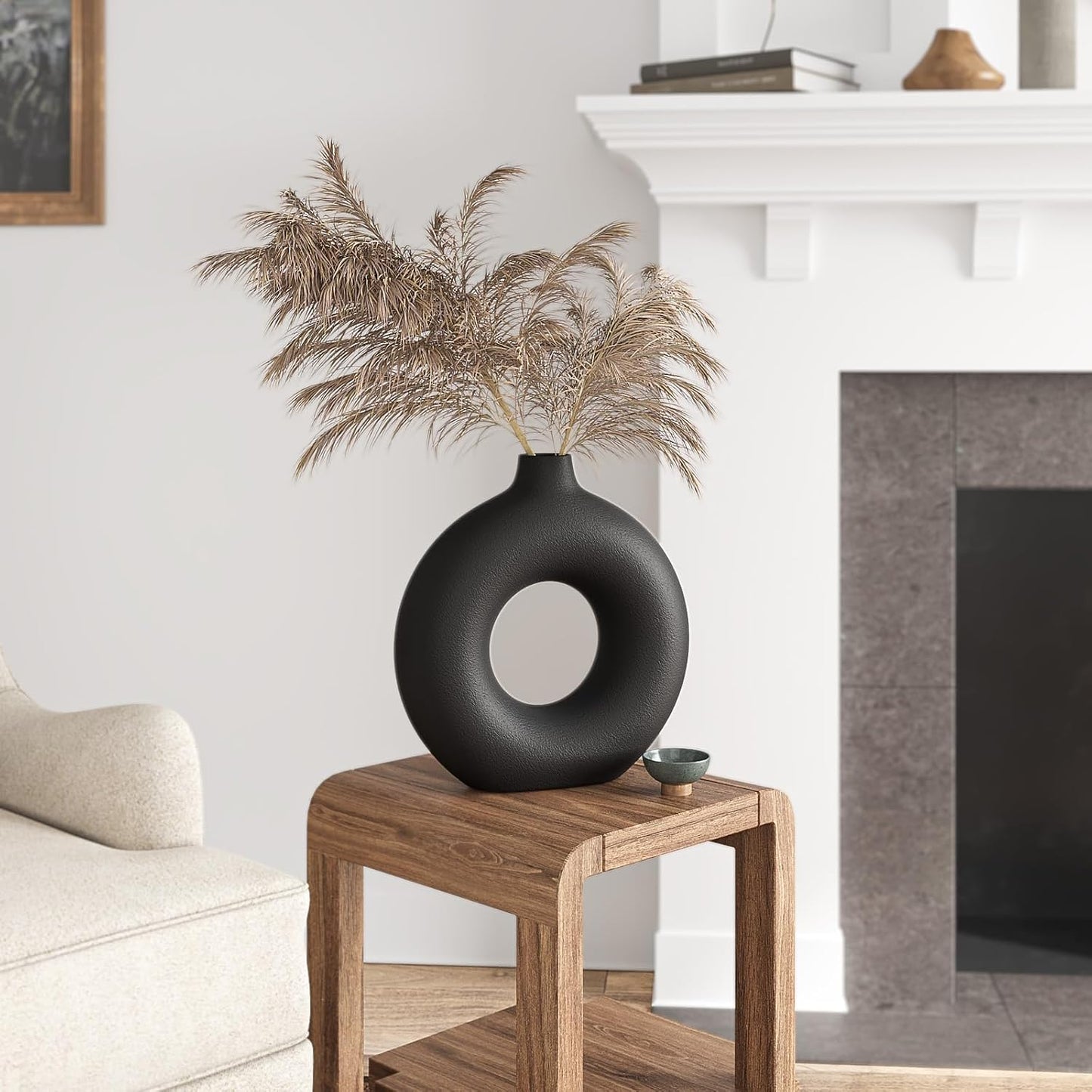 Minimalist Donut Ceramic Vase- Boho Hollow Flower Vases / Large - 9''h / Black / 9 Inch