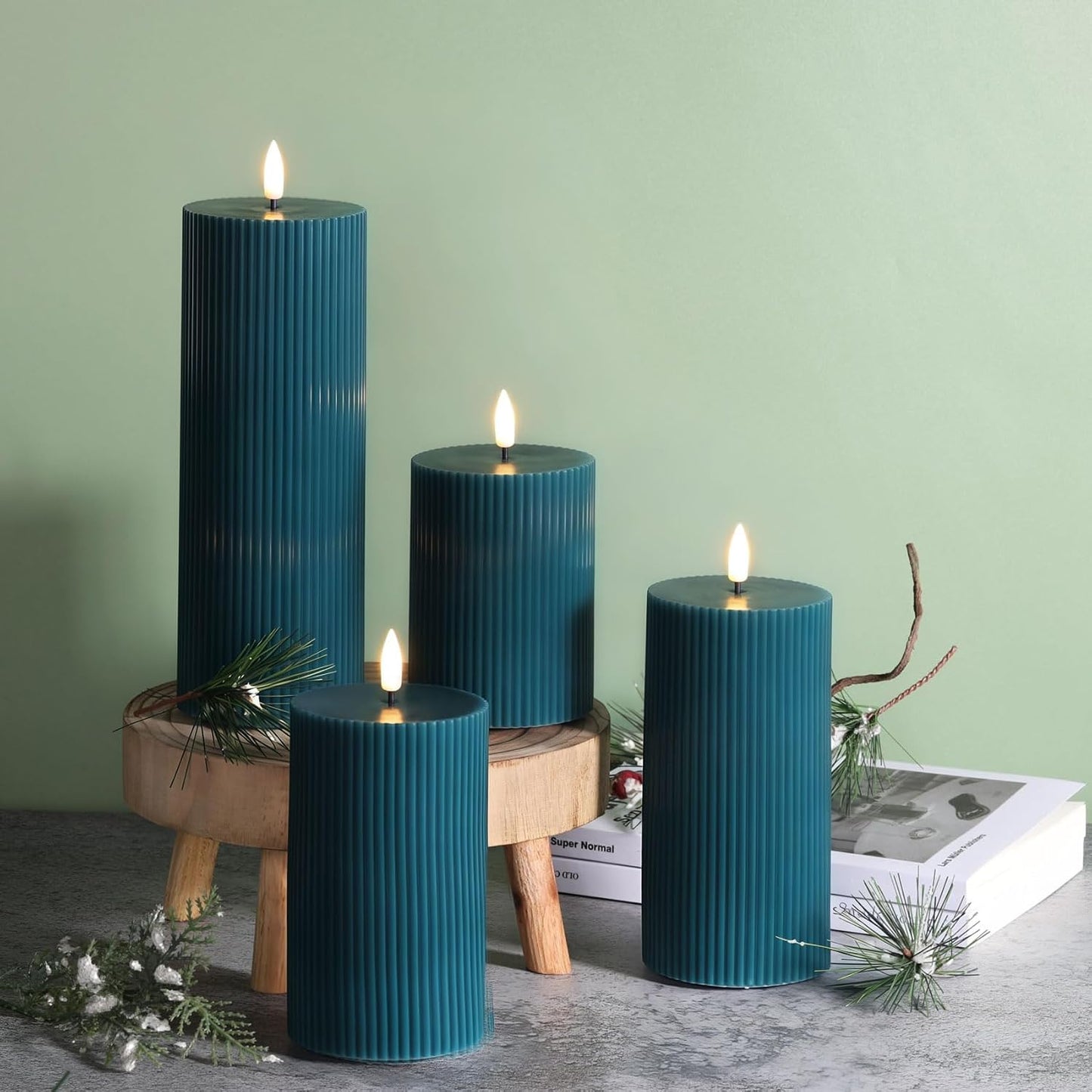 Ribbed Flameless Pillar Candles / Green / Set of 4