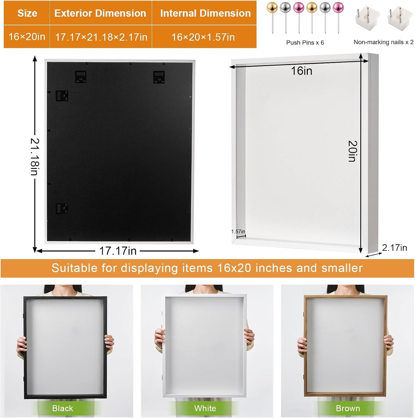 16x20 White Deep Shadow Box Picture Frame with Polished Plexiglass | Large Shadow Box Display Case with Push Pins,and
