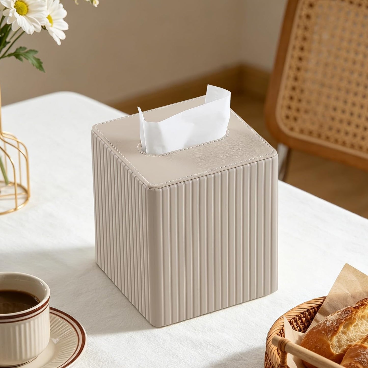 PU Leather Tissue Box Cover Square Tissue Box Holder / Beige Fluted