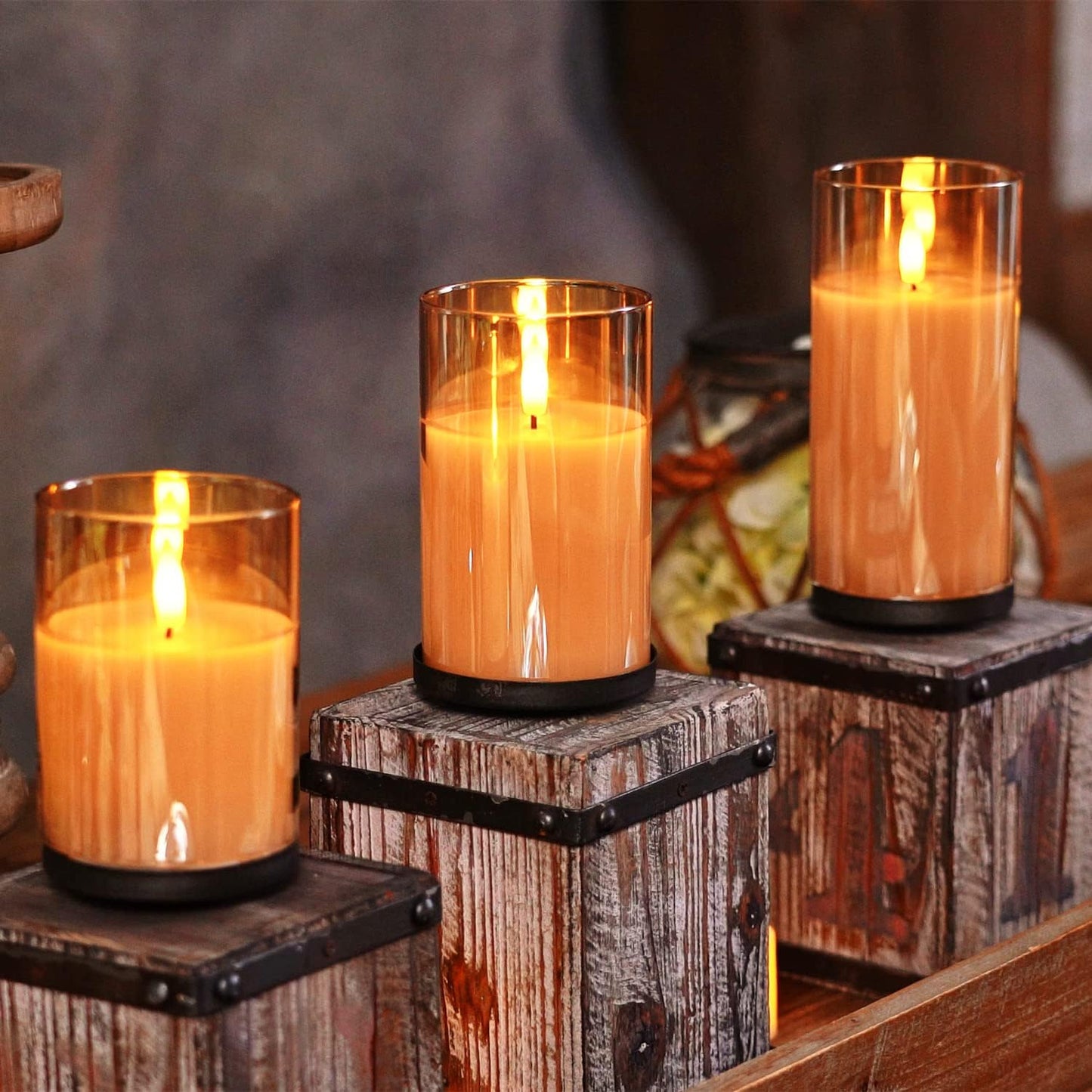 Homemory Amber Glass Flameless Candles, Real Wax, Remote Timer, 3 Pack | D3"xH4"5"6", battery operated flickering LED