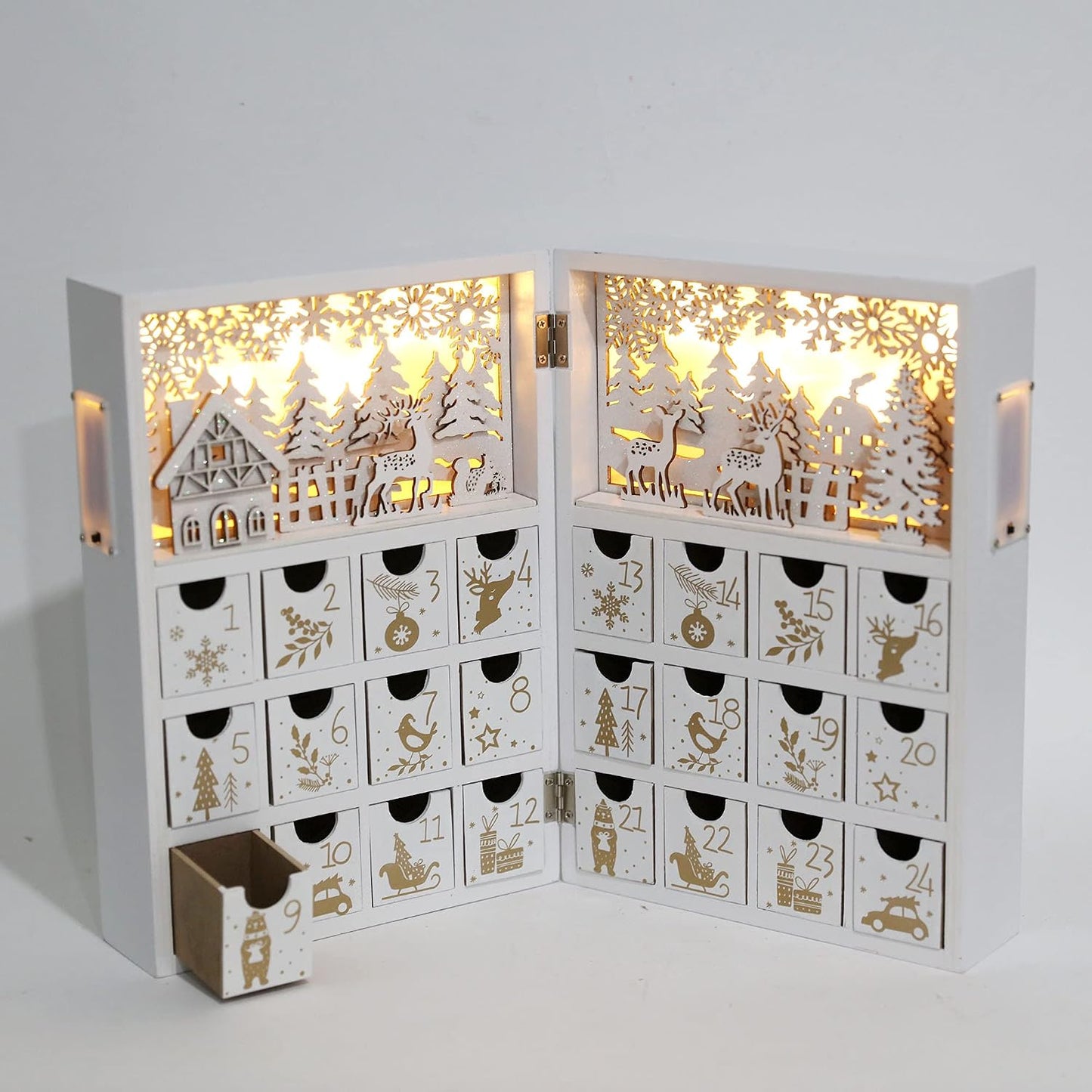 Christmas Wooden Advent Calendar Book with LEDs White & Gold Christmas Reindeer Countdown Holiday Gifts with 24 Drawers
