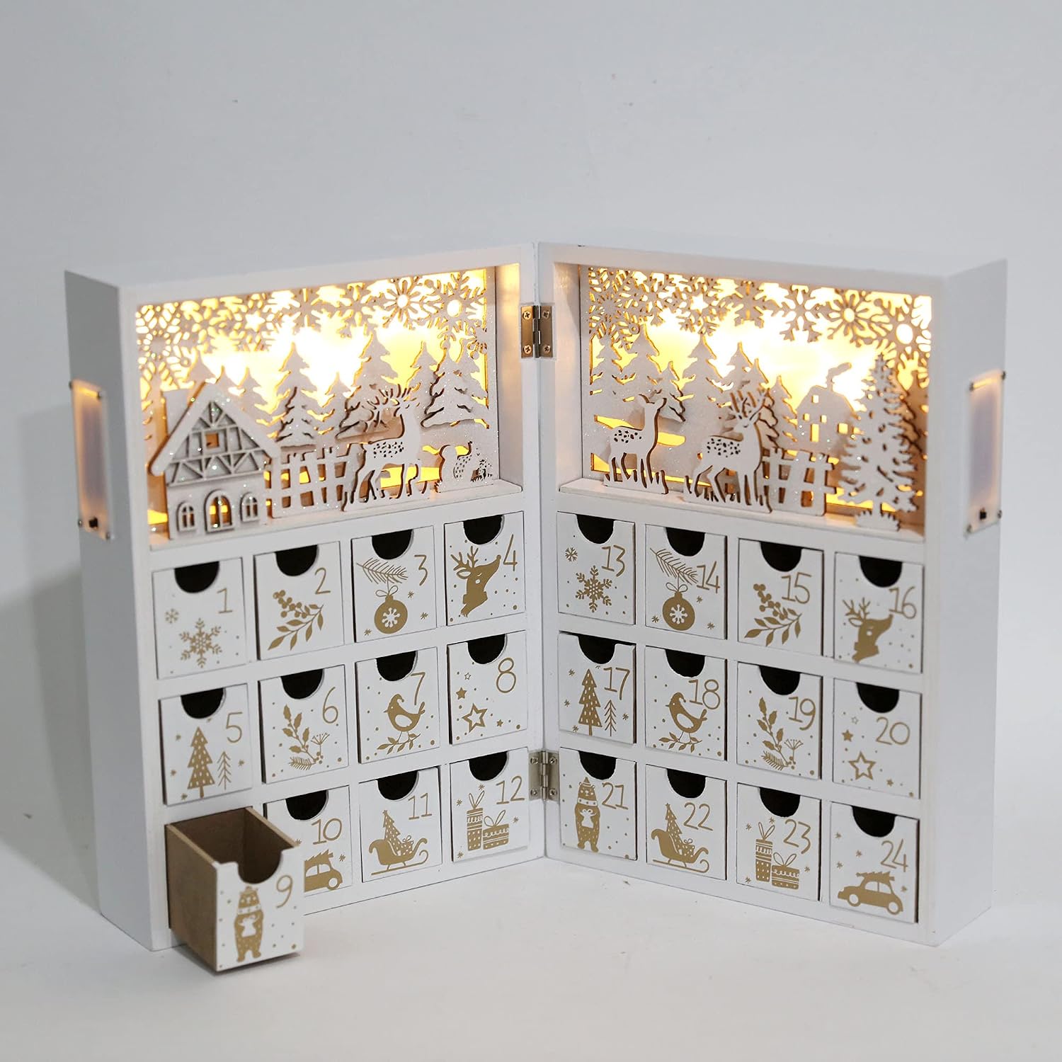 Christmas Wooden Advent Calendar Book with LEDs White & Gold Christmas Reindeer Countdown Holiday Gifts with 24 Drawers