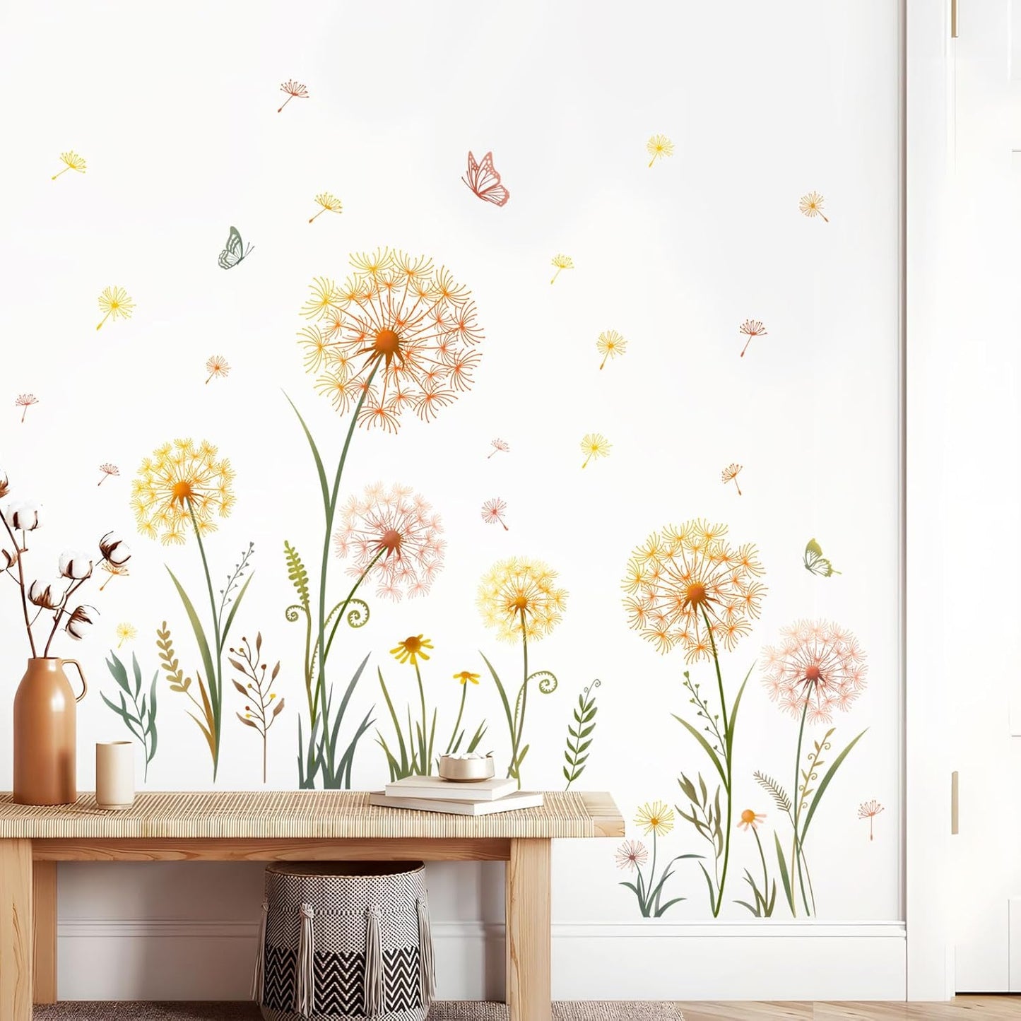 Dandelion Flower Butterfly Wall Decals Dandelion Plants Floral Wall Stickers Peel and Stick / Gold