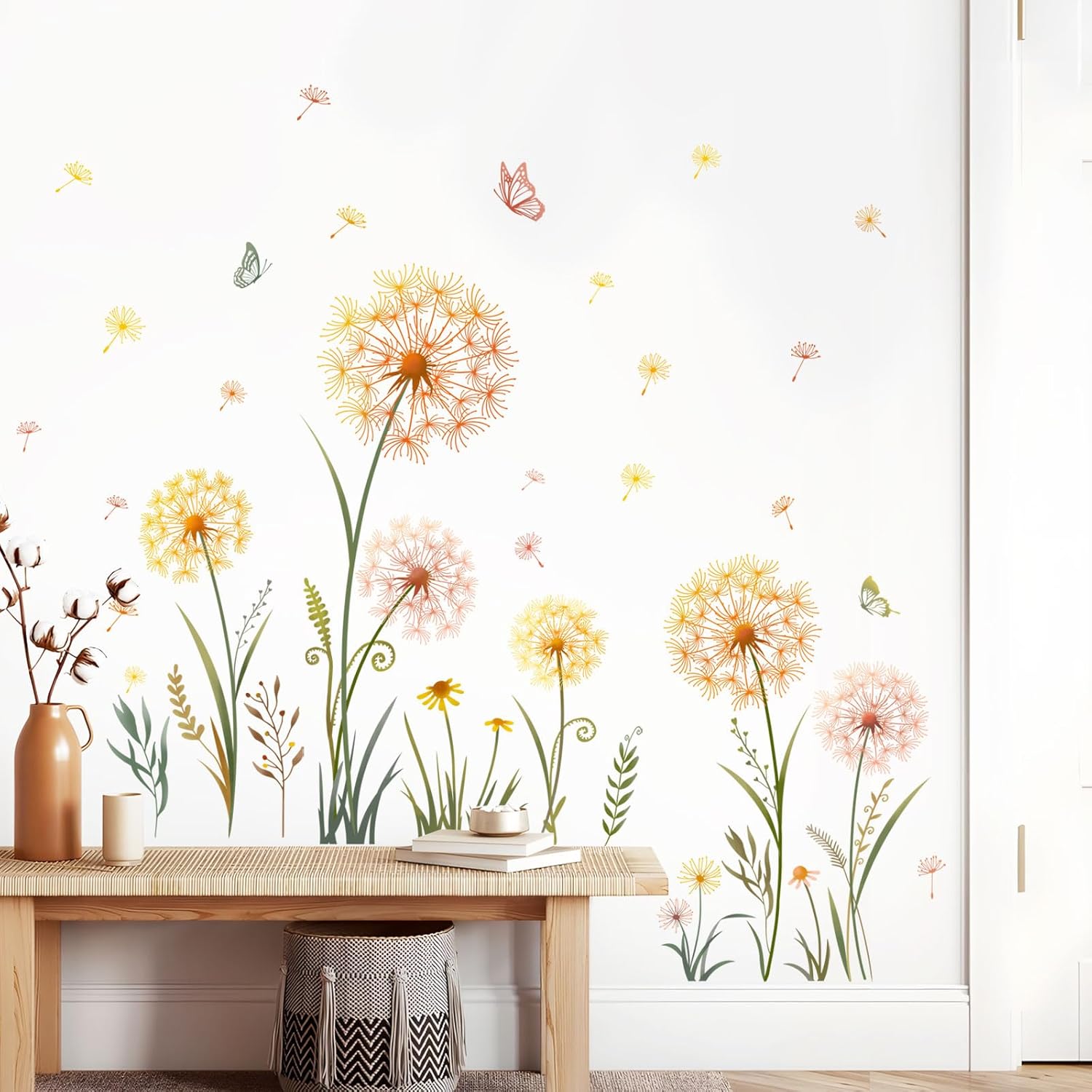 Dandelion Flower Butterfly Wall Decals Dandelion Plants Floral Wall Stickers Peel and Stick / Gold