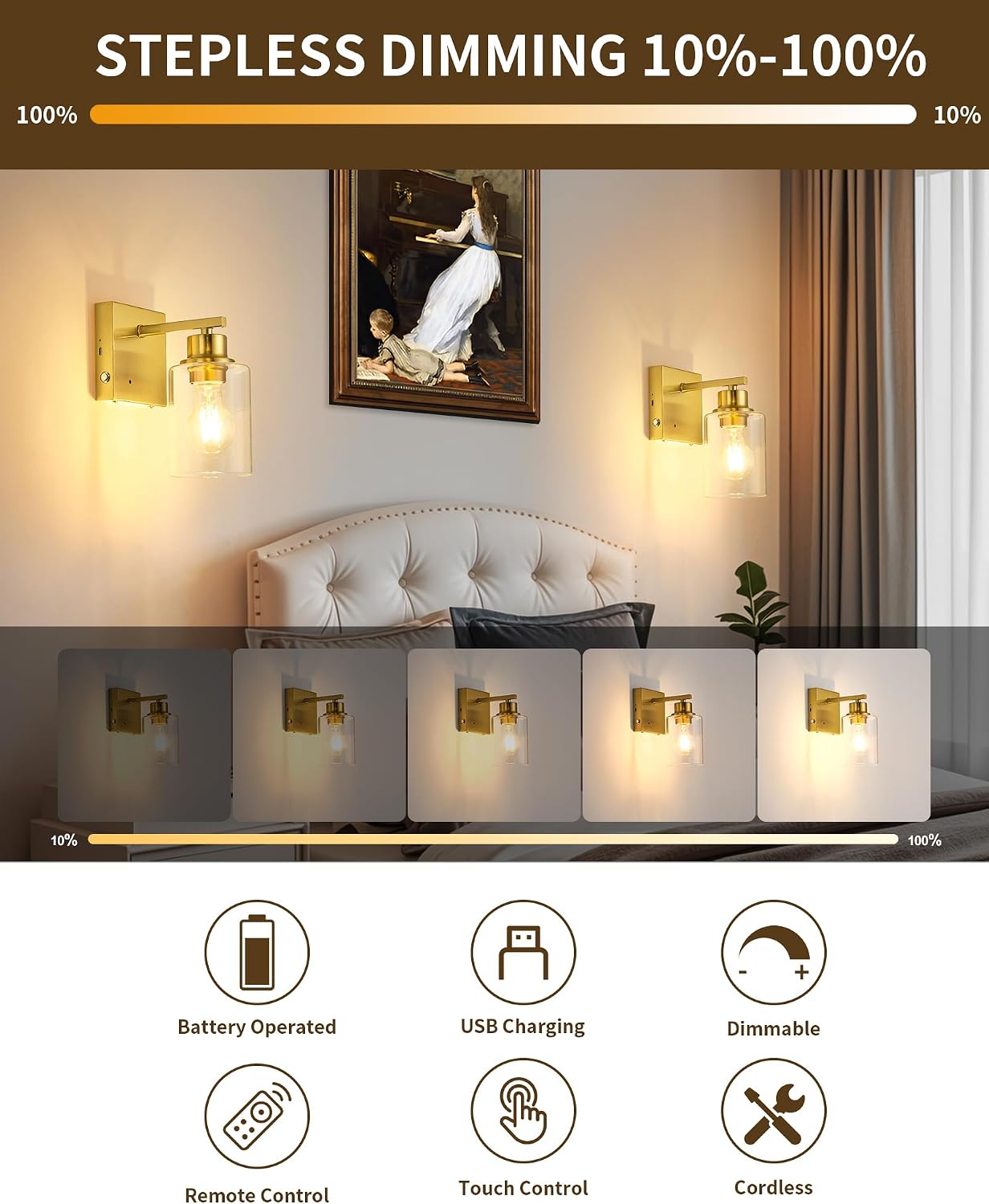Rayogale Wireless Battery Operated Wall Sconce Set of 2 with Remote Control | Gold Dimmable Rechargeable Wall Lights