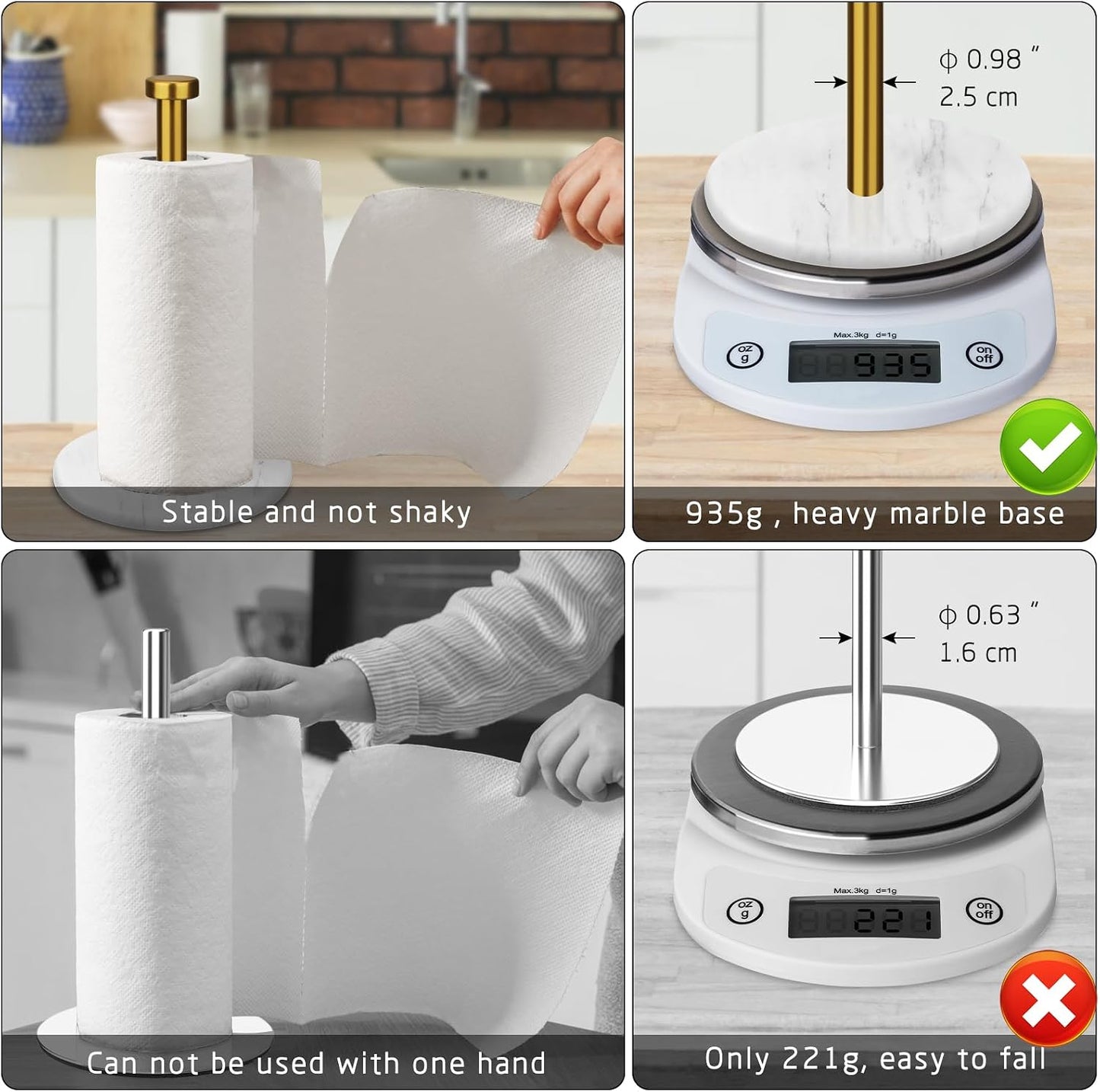 Paper Towel Holder Countertop, Brushed Gold, 7" White Marble Base | Weighted Marble Base, Paper Roll Holder, Modern