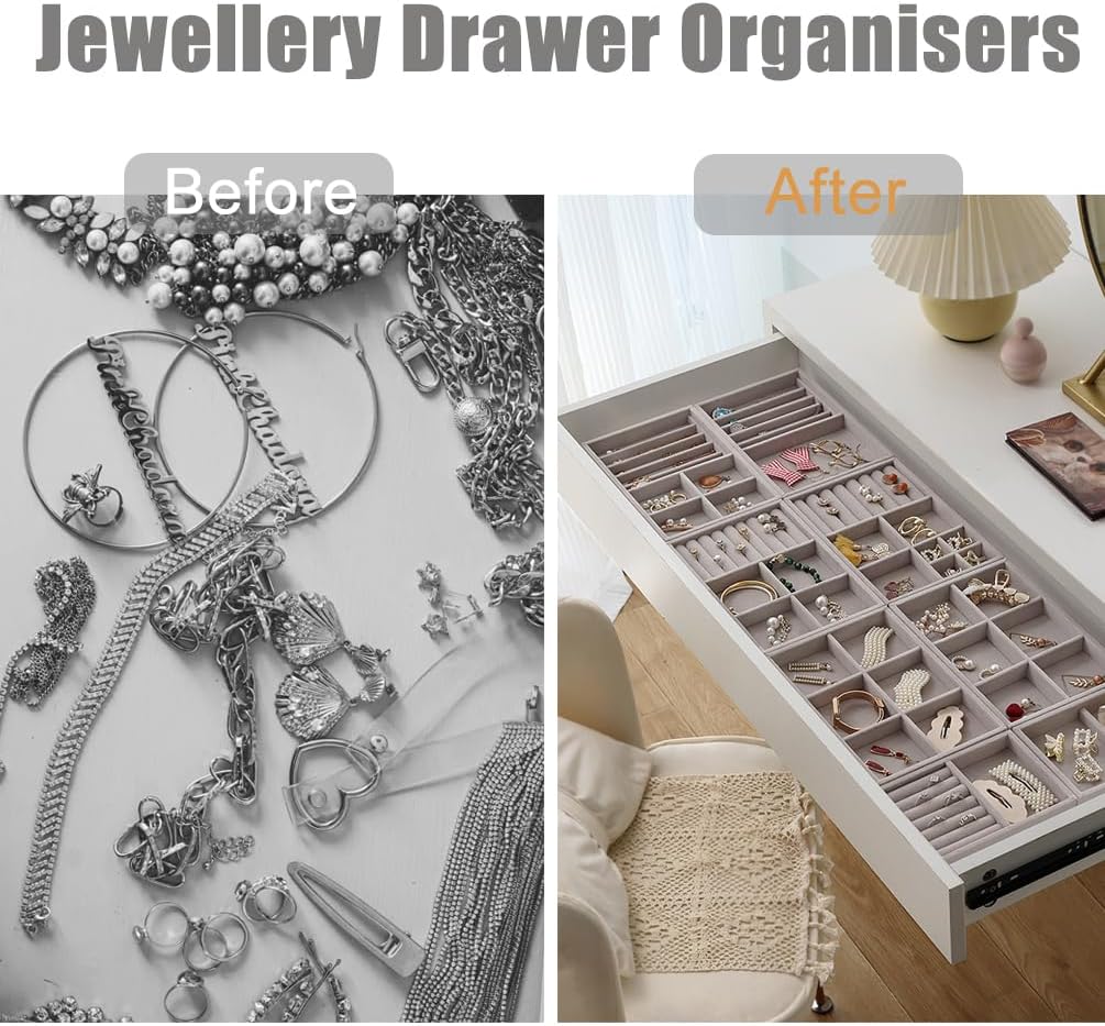 Jewelry Organizer Tray Drawer Inserts Stackable Velvet Liner Dividers / Grey / Set of 10