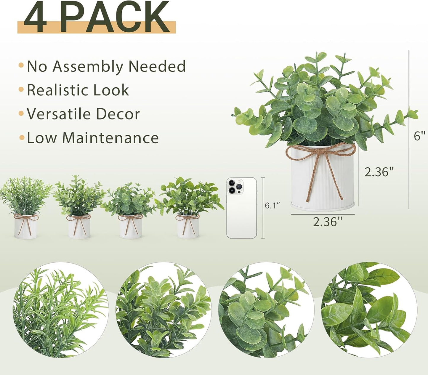4 Packs Small Fake Plants in Farmhouse Galvanized Pots Table Centerpiece Mini / White / Mini-6"h