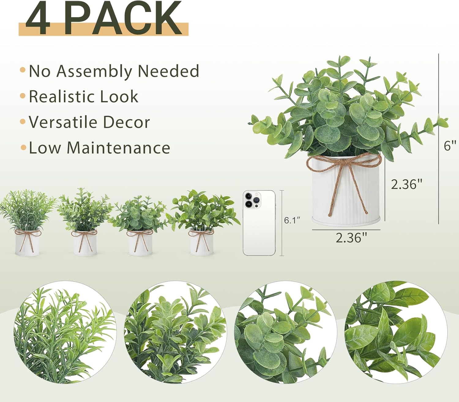 4 Packs Small Fake Plants in Farmhouse Galvanized Pots Table Centerpiece Mini / White / Mini-6"h