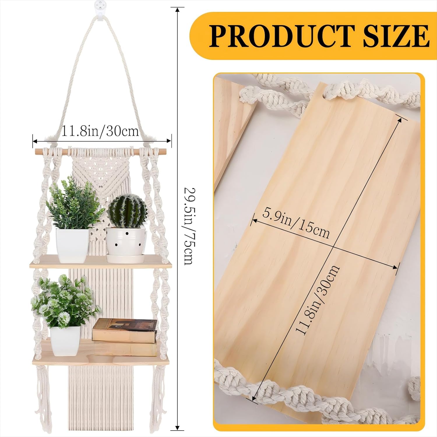 Macrame Wall Hanging Shelf 2 Tier Handmade Boho Hanging Wall Shelf Floating Woven Rope / Classic