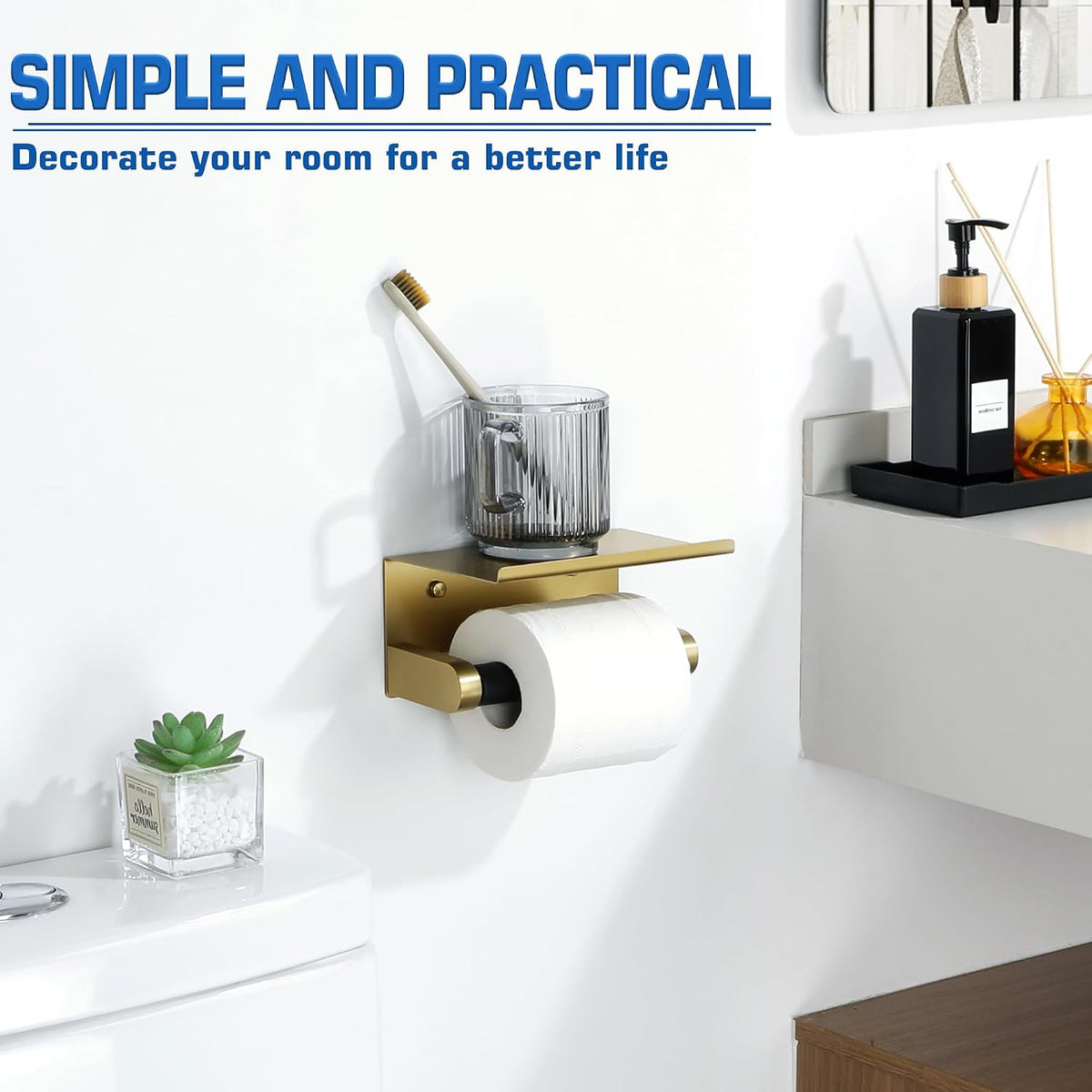 Alise Toilet Paper Holder with Shelf Wall Mount Adhesive or Screw in,Gold | SUS304 Stainless Steel Toilet Paper Roll