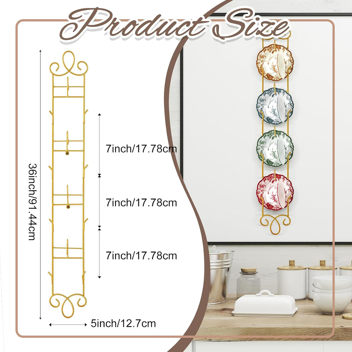 Blulu 2 Pcs Wall Mounted Tea Cup & Saucer Display Rack 4 Tiers,Gold | 36 x 5 Inch Vertical Metal Mug & Plate Hanger for