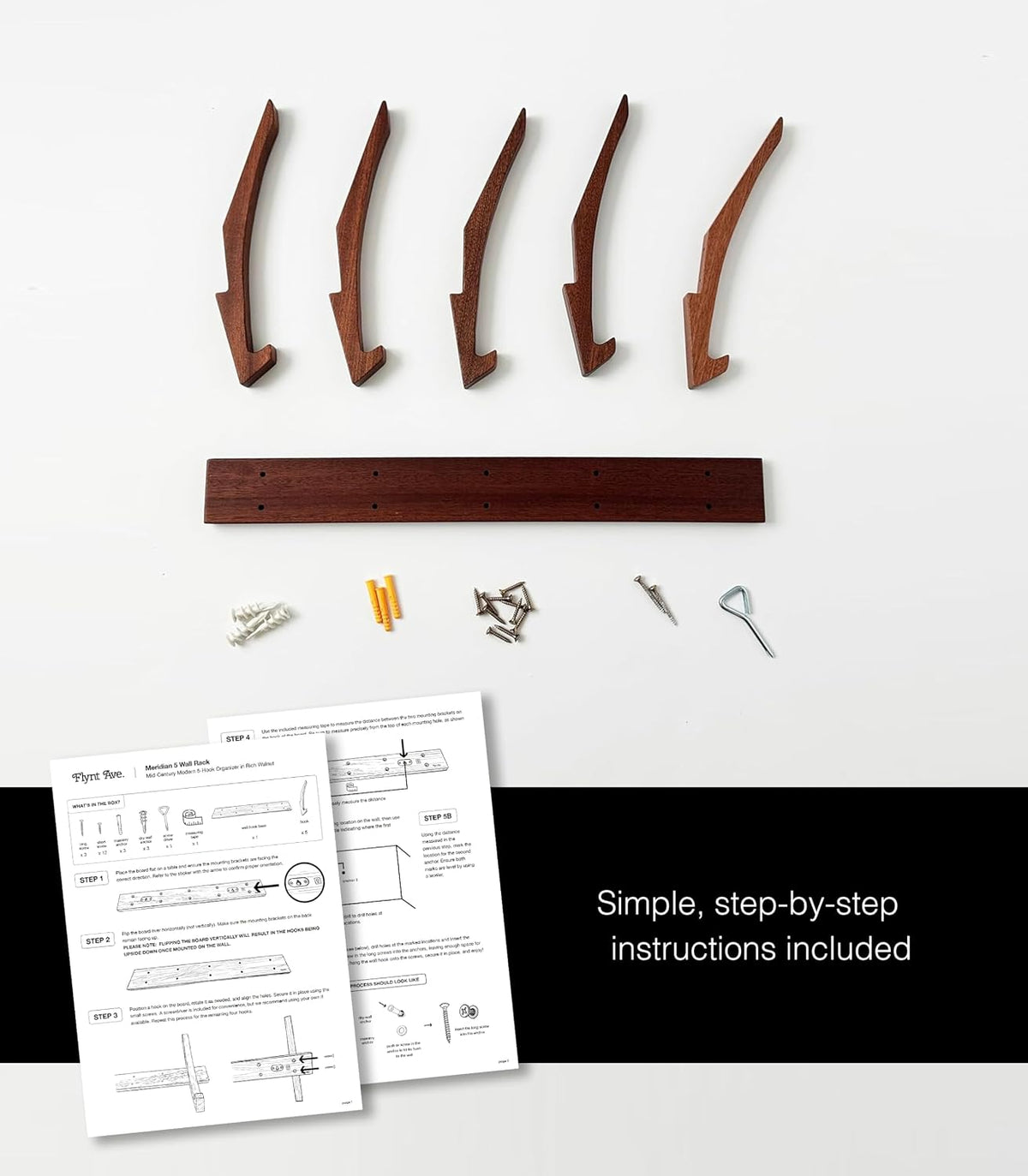 Wooden Wall Hook Rack with 5 Hooks, Solid Sapele Wood Coat Rack, Mid-Century Modern Wall Mounted Entryway Organizer