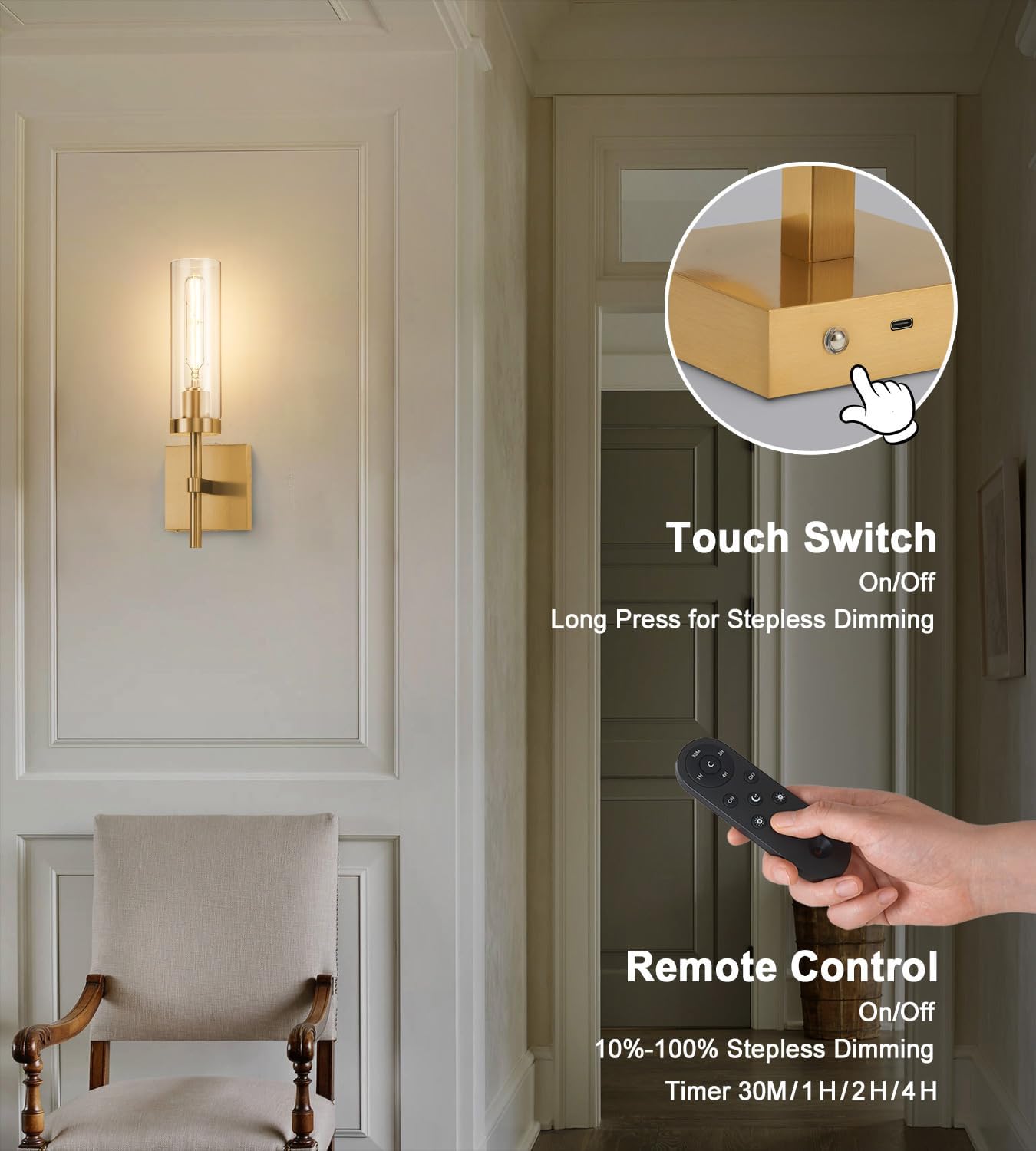 Gold Battery Operated Wall Sconce Set of 2, Wireless Wall Sconces with Remote Control, Rechargeable LED Dimmable Wall