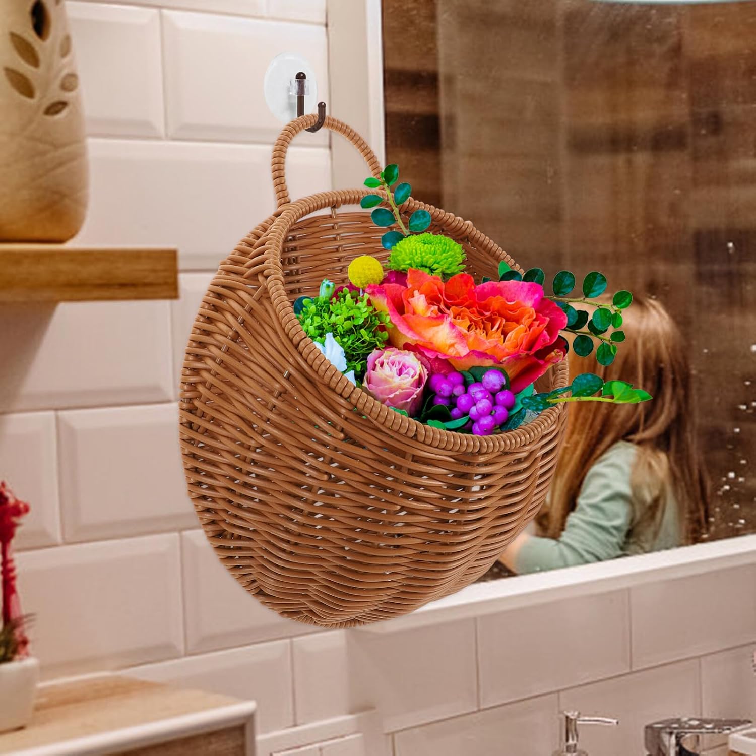 Wall Hanging Flower Basket Lightweight Woven Rattan Plant Holder / 10.62 x 9.25 x 3.93
