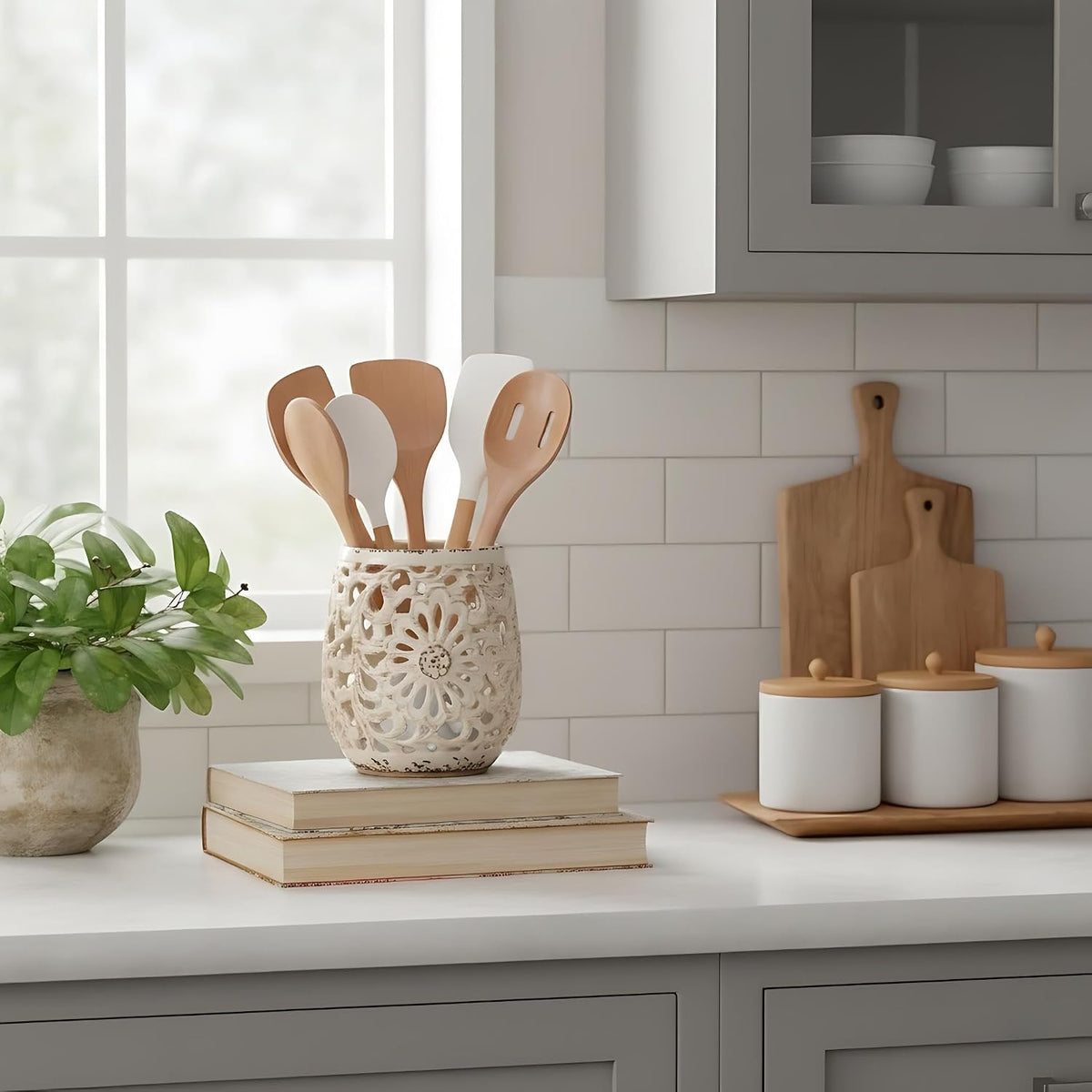 Farmhouse Kitchen Utensil Holder for Kitchen Counter, Ceramic Large Cooking Utensil Crock with Cork Mat, Countertop