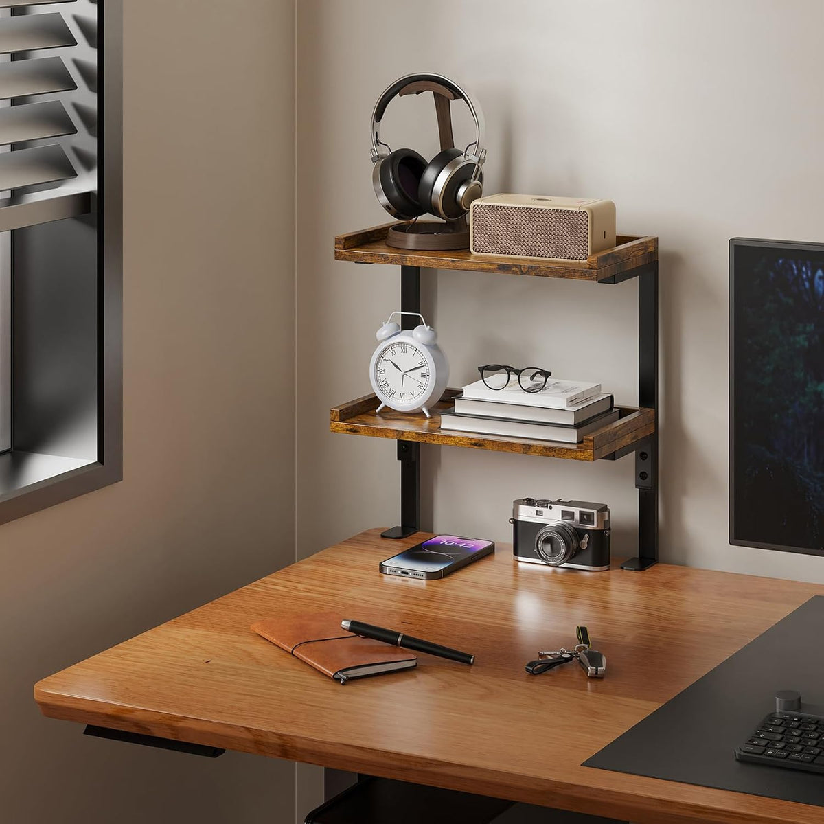 Clamp On Desk Shelf 2-Tier, 12.6 inche Wood Shelving Unit for Office Desk/Gaming Accessories, Tabletop Book Storage