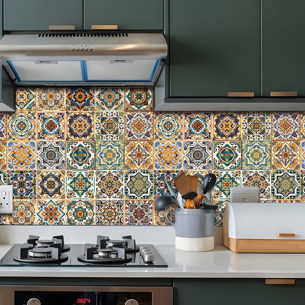 Moroccan Boho Tile Stickers Peel and Stick / 4 x 4 / Retro Green / Set of 24