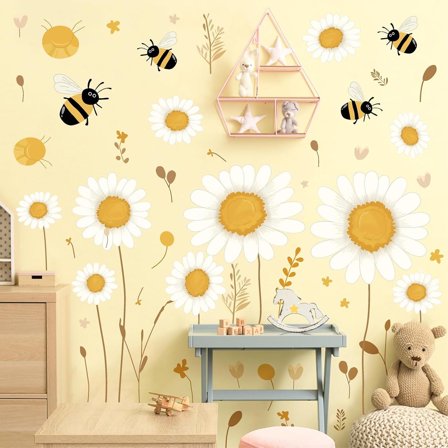 Daisy Floral Wall Stickers Boho Daisy Flower Vinyl Wall Decor for Baby Kids Bedroom / White&yellow