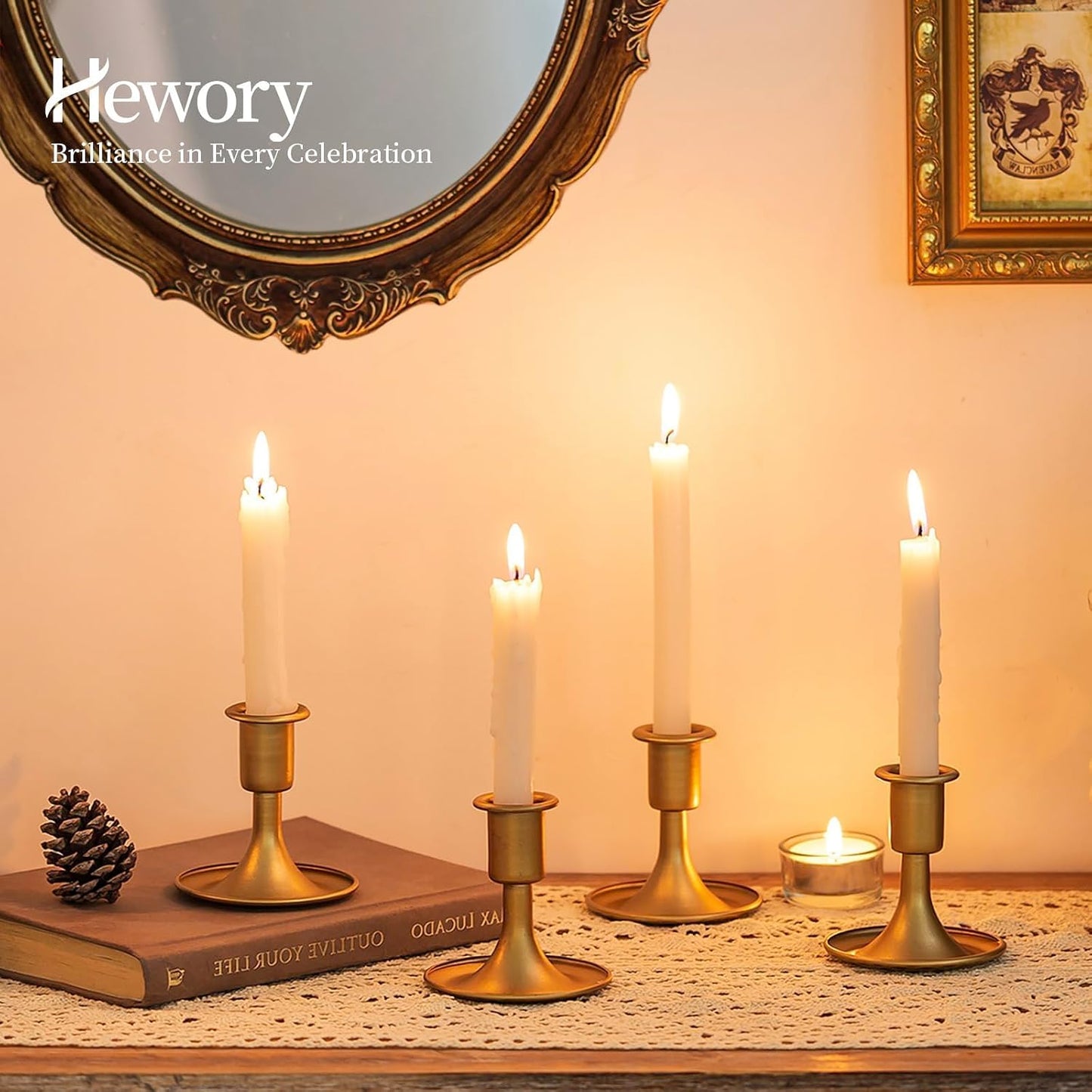 Gold Taper Candle Holder Set of 12, Hewory Short Skinny Brass Candlestick Holders, Vintage Small Low Metal Candles