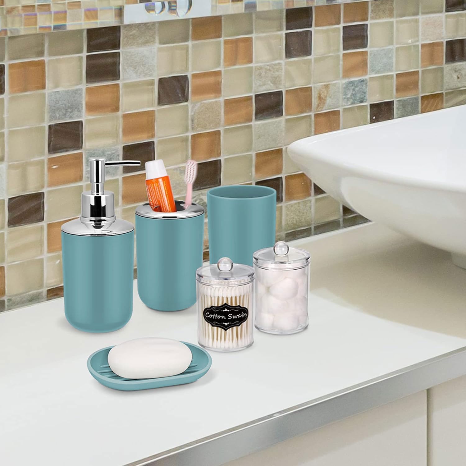 IMAVO Bathroom Accessories Set,Blue Bathroom Set,9 Pieces Bathroom Accessory Set,Tray,Qtip Holders,Toilet Brush,Trash