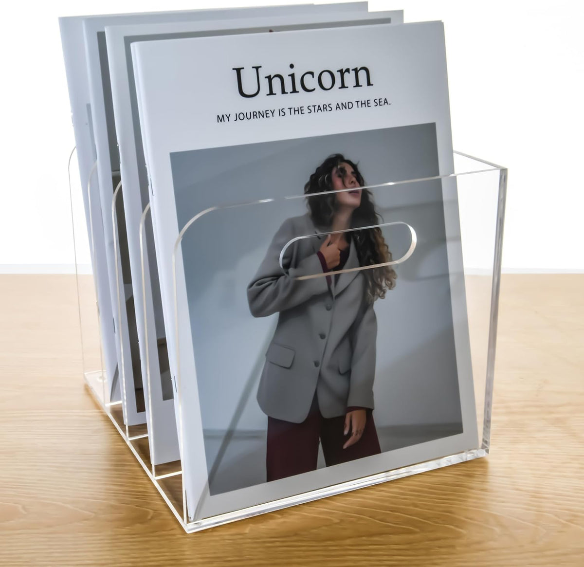 Acrylic File Holder for Desk - 4 Slot Vertical Magazine Organizer & Bookend - Clear Document Sorter Rack for Folders