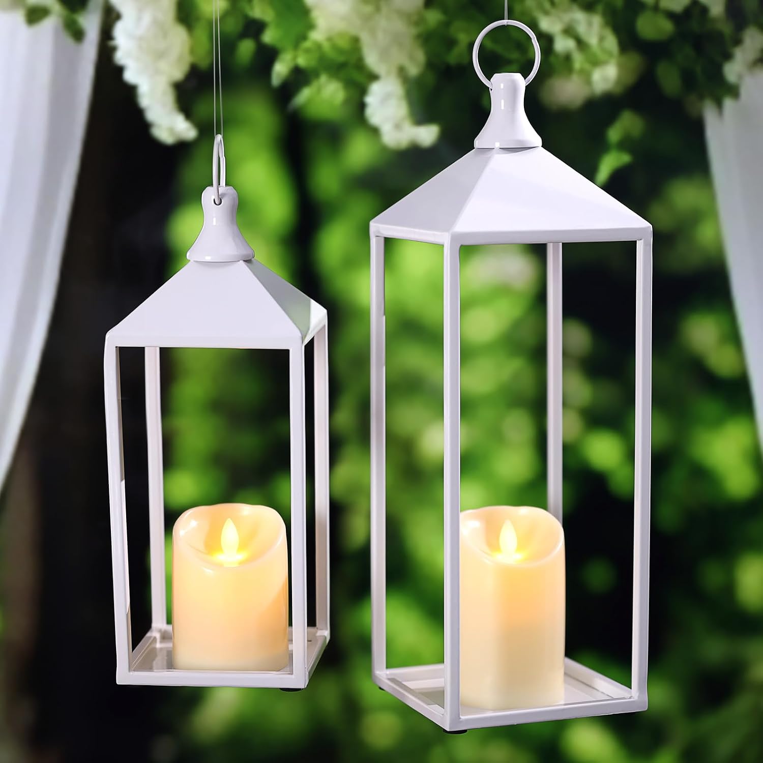 White Decorative Lantern Decor 17" 13" Set of 2 Wedding Lantern with Candle | White Candle Lanterns Decorative Modern